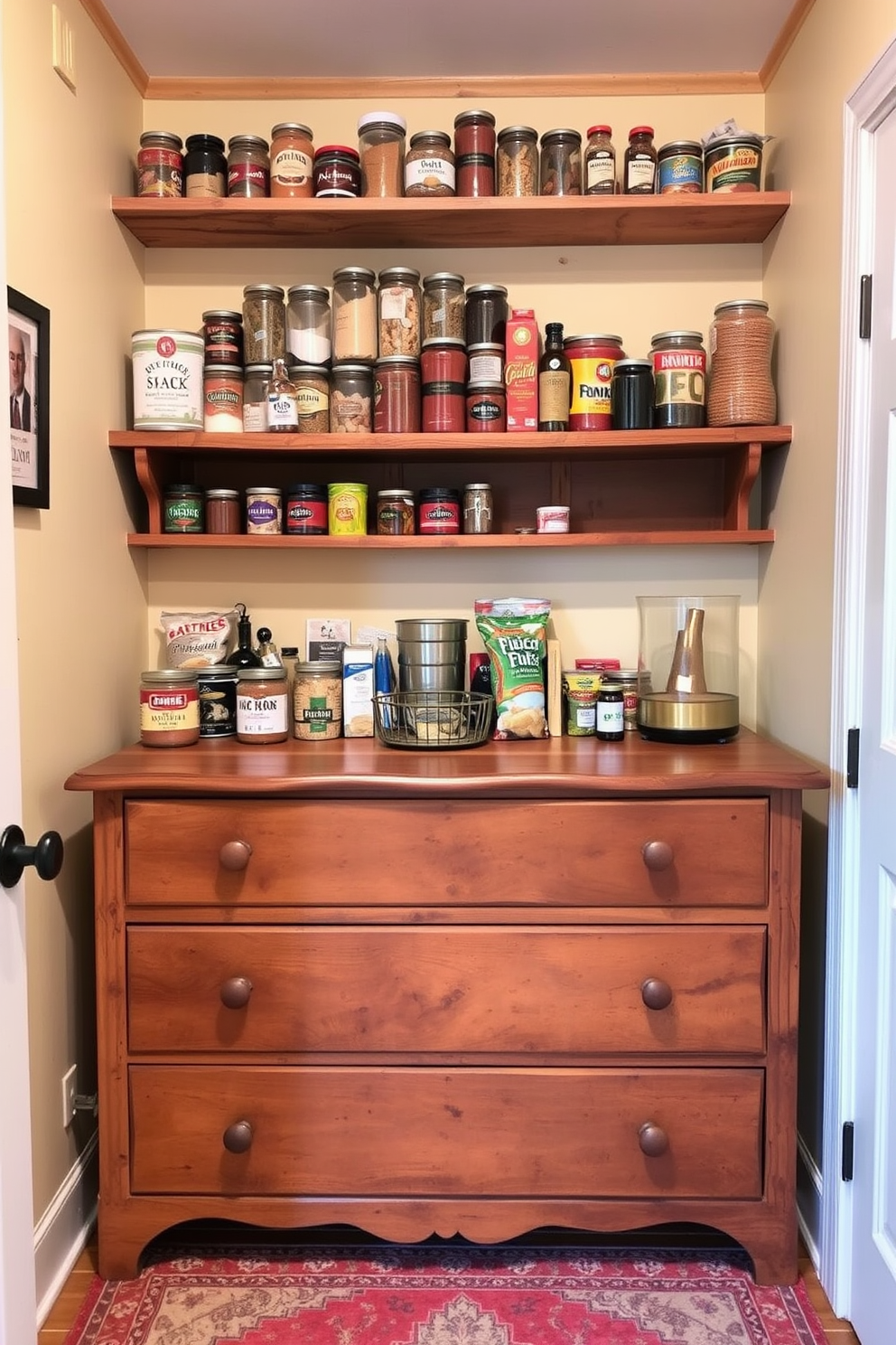 A cozy food pantry featuring repurposed furniture as storage solutions. An old wooden dresser serves as the main storage unit, with its drawers organized for dry goods and canned items. Above the dresser, open shelves made from reclaimed wood display jars of spices and snacks. The walls are painted in a warm cream color, and a vintage rug adds a touch of charm to the space.