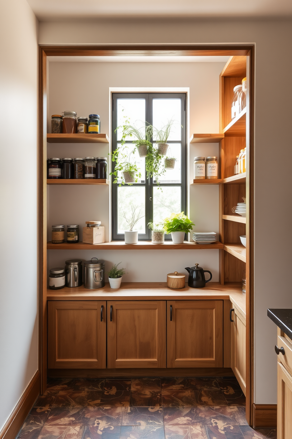 A spacious open frame pantry featuring wooden shelves that display neatly organized jars and containers. The walls are painted in a light, neutral color to enhance the airy feel of the space. Natural light streams in through a large window, illuminating the fresh herbs and plants placed on the windowsill. The floor is adorned with rustic tiles that complement the overall design, creating a warm and inviting atmosphere.