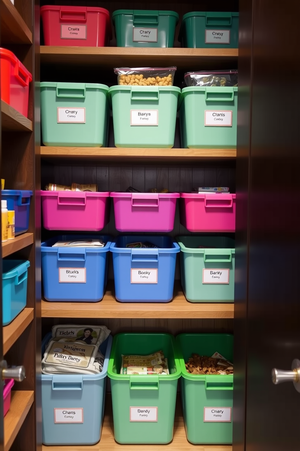 A stylish food pantry featuring glass jars neatly arranged on open shelving. The jars are filled with various dry goods, creating a visually appealing display that enhances organization. The pantry walls are painted in a soft pastel color, complementing the natural wood shelves. A small, rustic table in the center provides additional workspace for meal prep and organization.