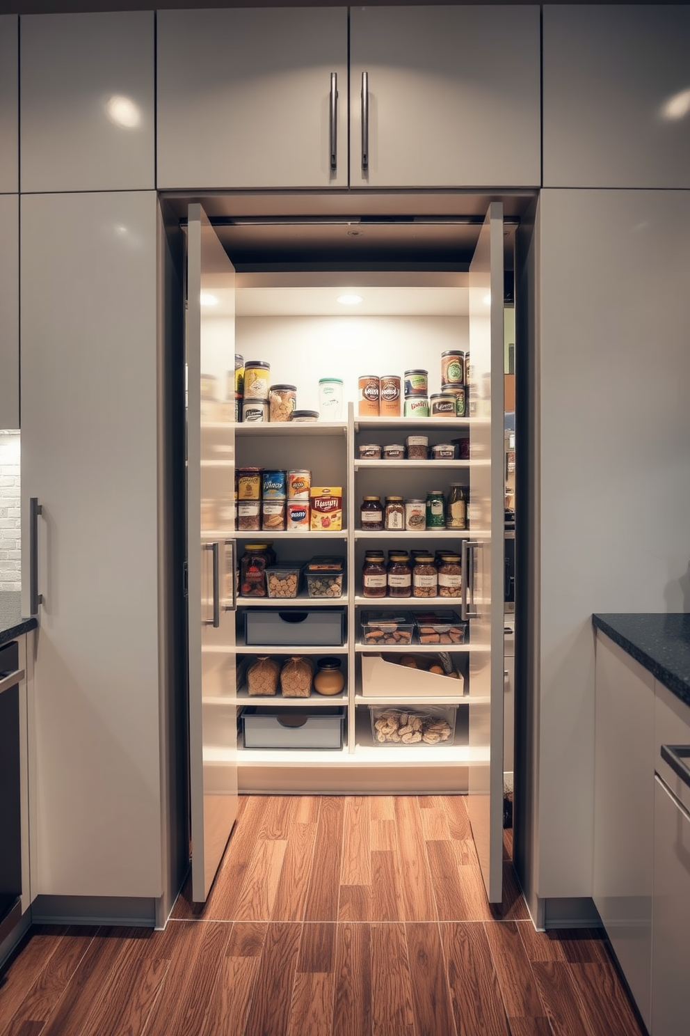 A hidden pantry seamlessly integrated behind kitchen cabinetry features sleek, modern doors that blend with the surrounding cabinetry. Inside, organized shelves display a variety of food items, with labeled containers for easy access and a warm, inviting light illuminating the space.