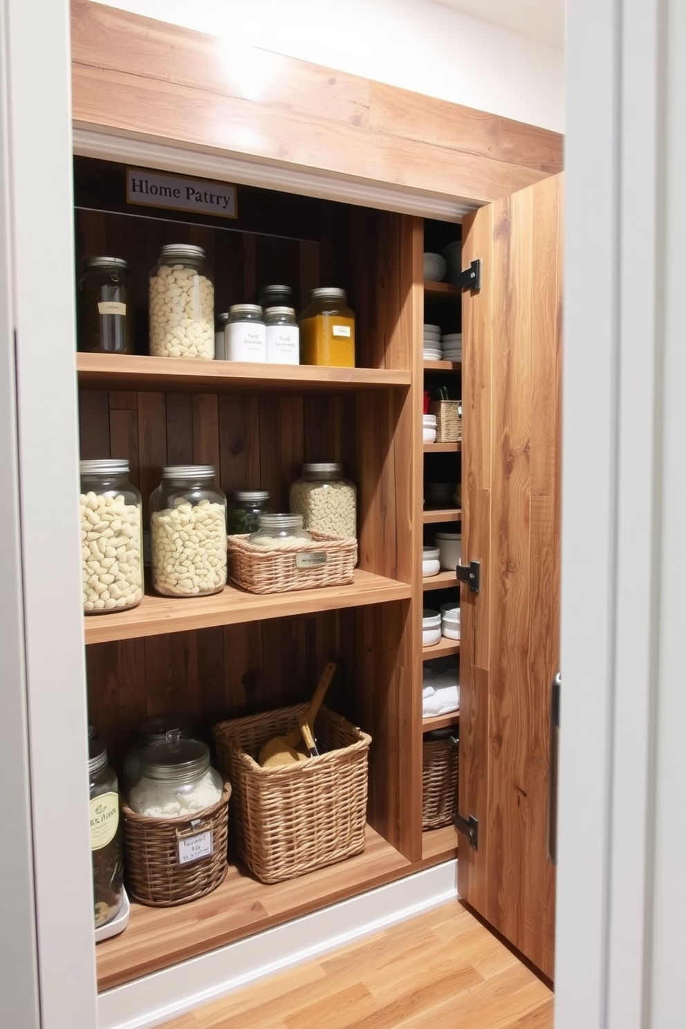 A cozy food pantry featuring rustic wood accents that evoke farmhouse charm. The shelves are made of reclaimed wood, filled with neatly organized jars and baskets for storage.