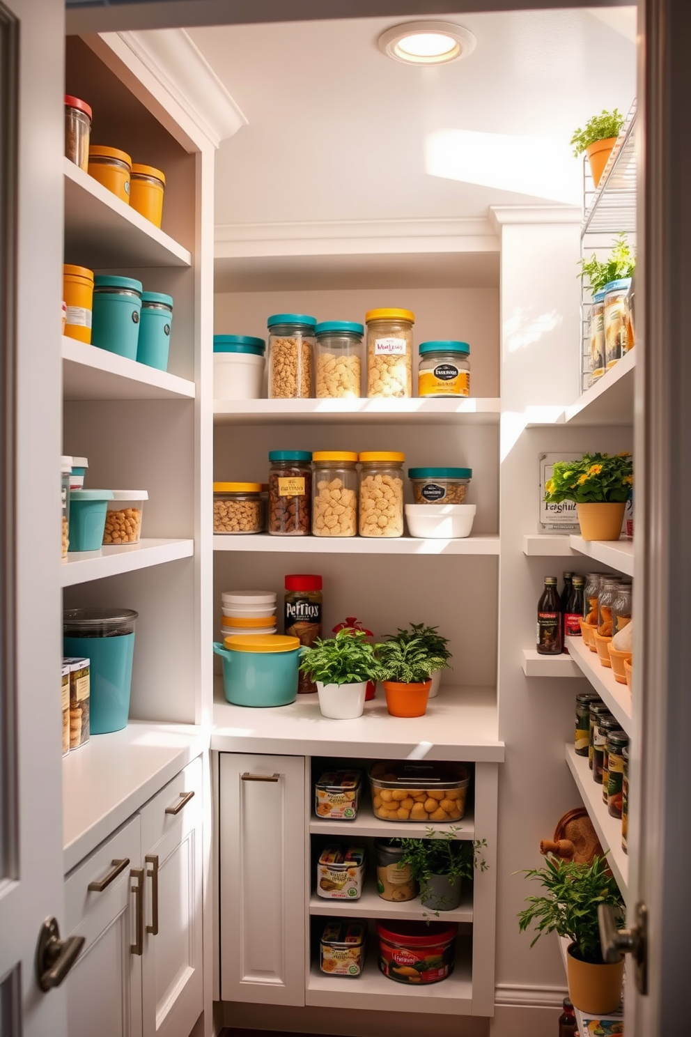 A warm and inviting food pantry filled with natural light. The shelves are painted in a soft white, and accent colors like teal and mustard yellow are used for storage containers, adding a cheerful touch to the space. The pantry features a combination of open and closed shelving for easy access and organization. A small countertop area is included for meal prep, adorned with fresh herbs in colorful pots to enhance the inviting atmosphere.