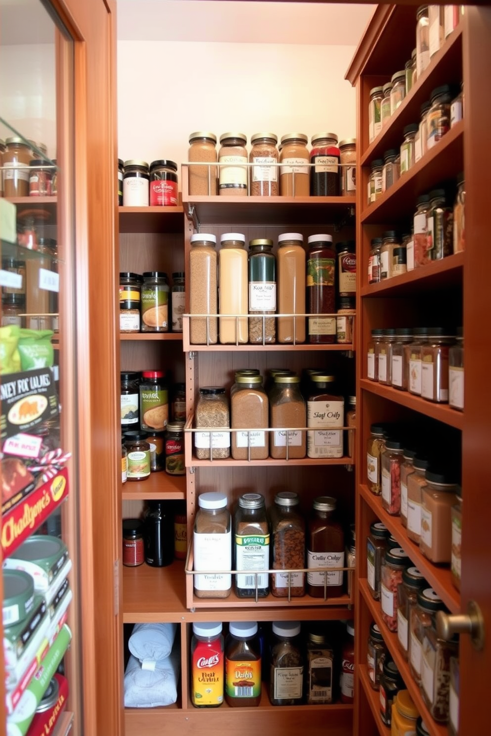 A functional food pantry featuring a chalkboard wall for notes and lists. The space includes open shelving made of reclaimed wood, neatly organized jars of dry goods, and a small chalkboard section for writing down shopping lists and meal ideas.