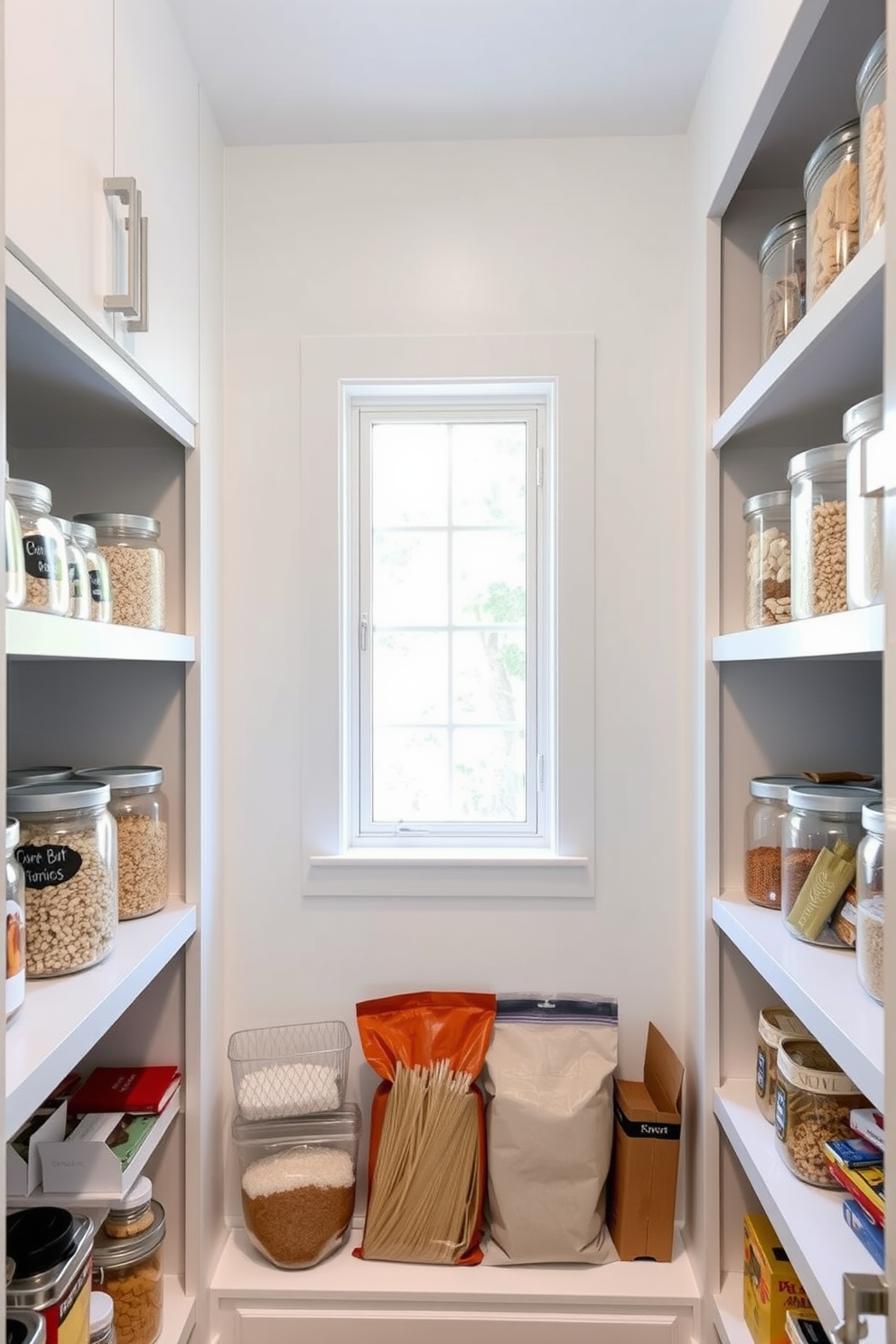 A modern food pantry featuring clear containers for bulk items organized on open shelves. The walls are painted in a soft white color, and natural light floods the space through a small window, highlighting the neat arrangement of grains, pasta, and snacks.