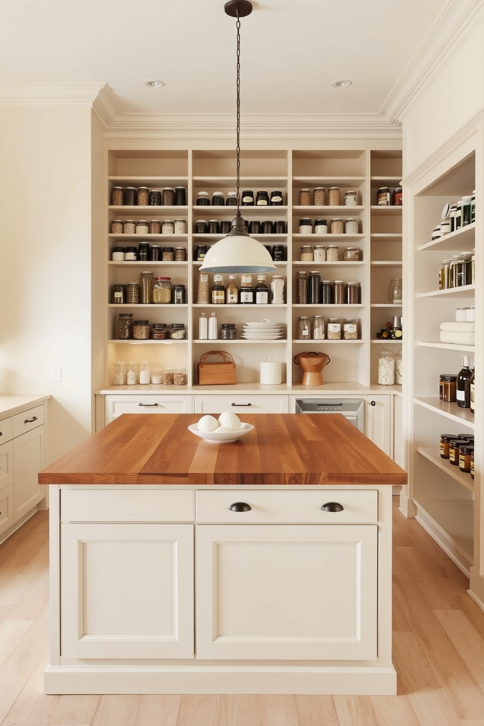 A modern food pantry featuring tiered shelving for optimal organization. The shelves are made of light wood and are stocked with neatly labeled jars, spices, and canned goods, creating a visually appealing display.