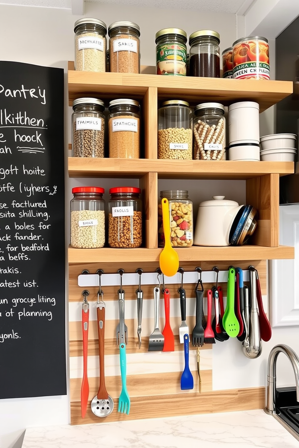 A functional food pantry designed with open shelving made of reclaimed wood. The shelves are neatly organized with labeled jars containing grains, spices, and snacks, while a chalkboard wall adds a charming touch for grocery lists and meal planning. Hooks for hanging utensils and tools are mounted on a stylish backsplash in a modern kitchen. The hooks are arranged in an aesthetically pleasing manner, displaying colorful utensils and adding a touch of personality to the space.