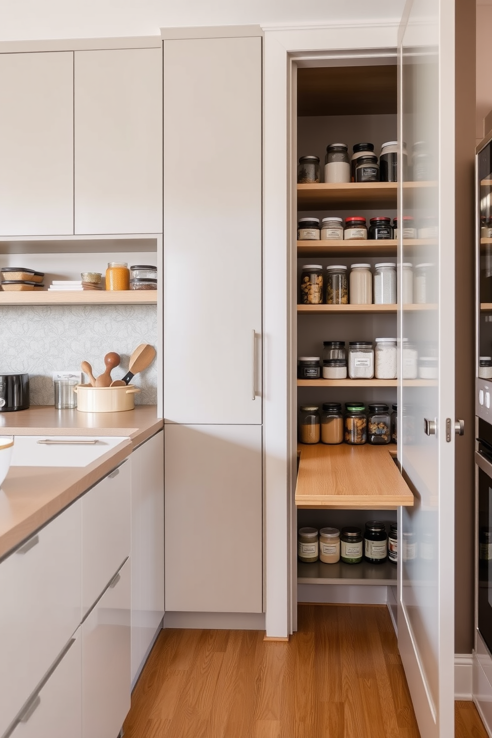 A modern food pantry featuring stackable bins for efficient organization. The bins are labeled and arranged on adjustable shelves, allowing for easy access and maximizing storage space.