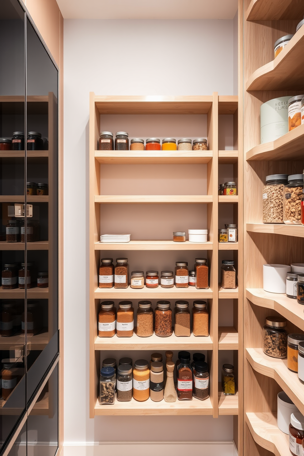 A sleek and modern food pantry featuring wall-mounted shelves that create a minimalist aesthetic. The shelves are made of light wood and are lined with neatly organized jars and containers, showcasing a variety of colorful spices and ingredients.