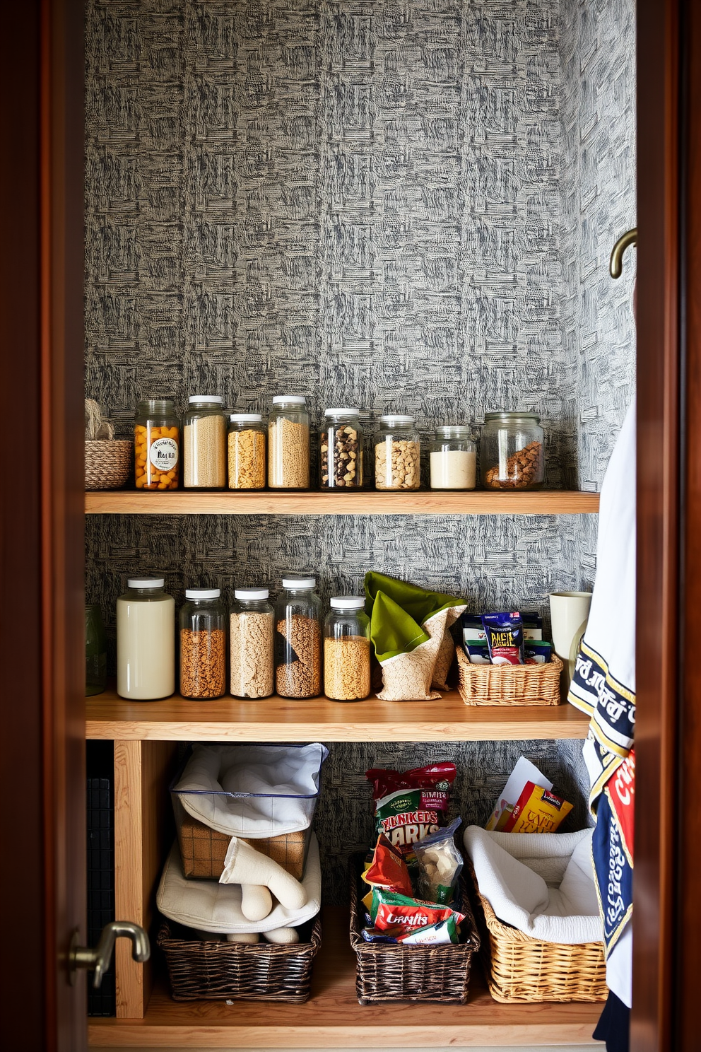 A stylish rolling cart serves as a mobile storage solution in a modern kitchen. The cart features a sleek metal frame with wooden shelves, adorned with neatly organized kitchen essentials and decorative plants. The food pantry is designed with open shelving and glass jars, showcasing colorful ingredients. Warm lighting highlights the natural wood finishes and creates an inviting atmosphere for meal preparation.