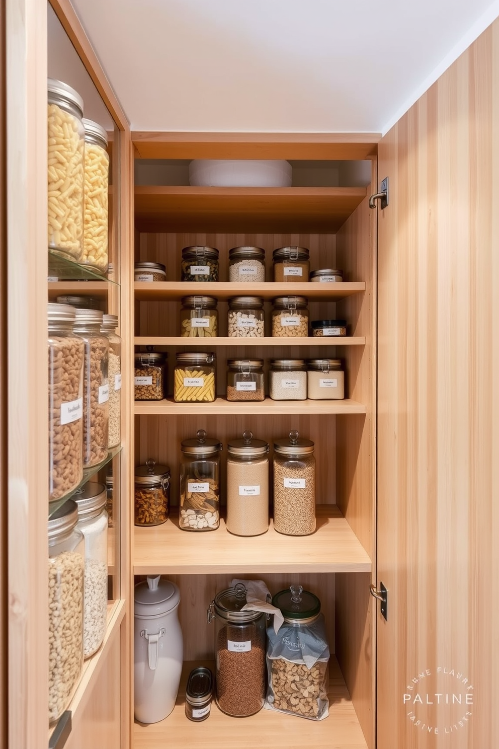 A stylish food pantry featuring pull-out drawers for easy access to hidden items. The cabinetry is finished in a soft white, complemented by brushed nickel handles for a modern touch. The shelves are organized with clear bins for storing dry goods, while a sliding ladder provides access to higher shelves. Soft LED lighting illuminates the space, enhancing the warm wood tones of the pantry.