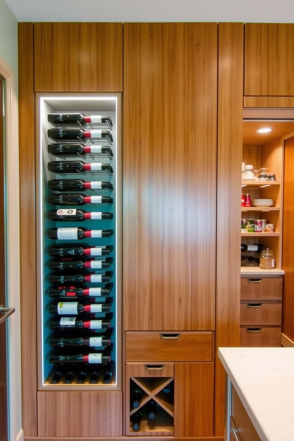 A sleek built-in wine rack elegantly showcases a variety of wine bottles, seamlessly integrated into the wall with warm wood finishes. Above the rack, soft LED lighting highlights the collection, creating a sophisticated focal point in the room. The food pantry features custom shelving designed for optimal storage and organization, with pull-out drawers for easy access to ingredients. The space is illuminated by recessed lighting, enhancing the warm tones of the cabinetry and ensuring a welcoming atmosphere.