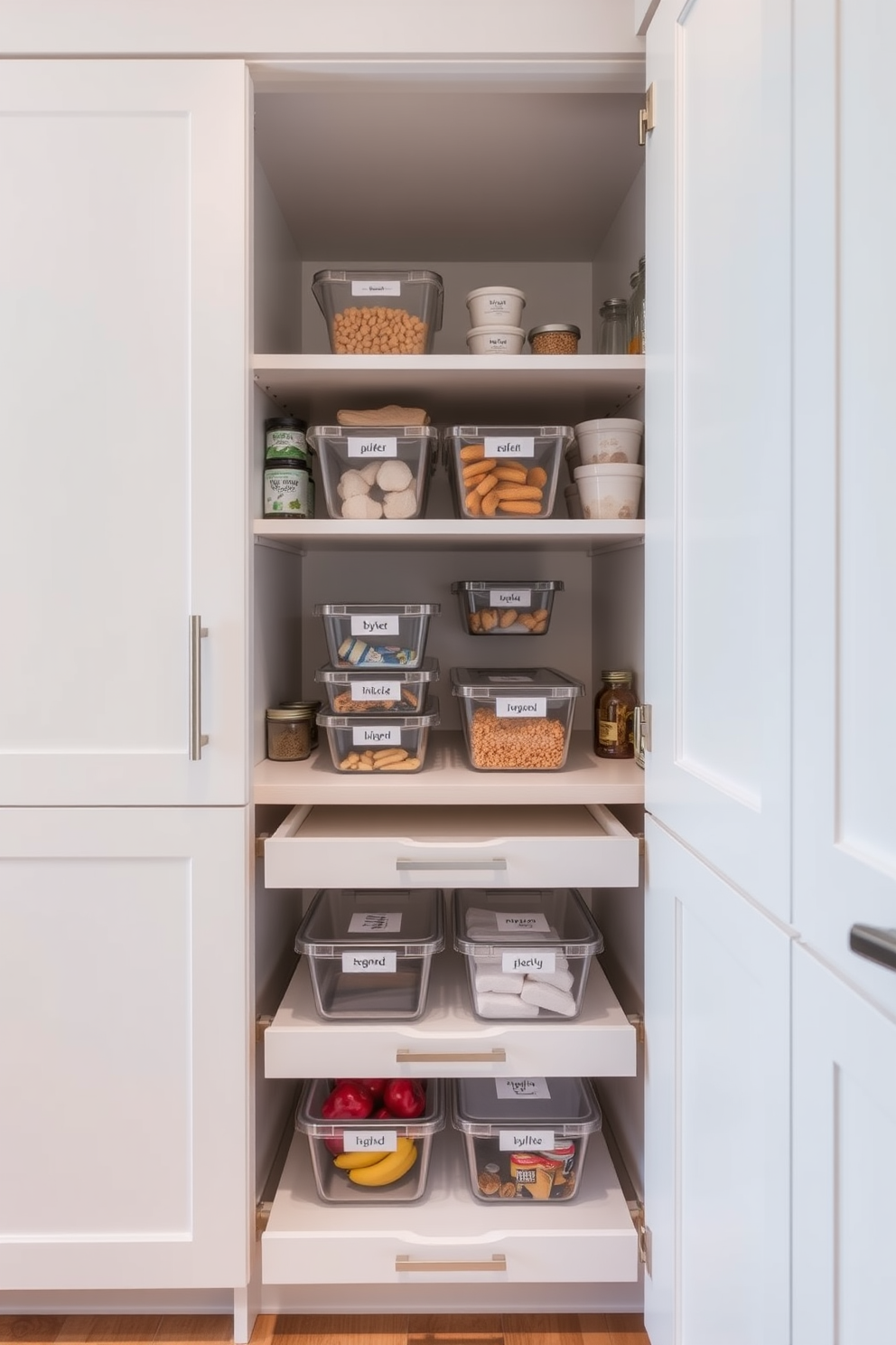 A modern food pantry featuring pull-out drawers for hidden storage. The cabinetry is finished in a sleek white with brushed nickel handles, and the interior is organized with clear bins and labeled containers for easy access.