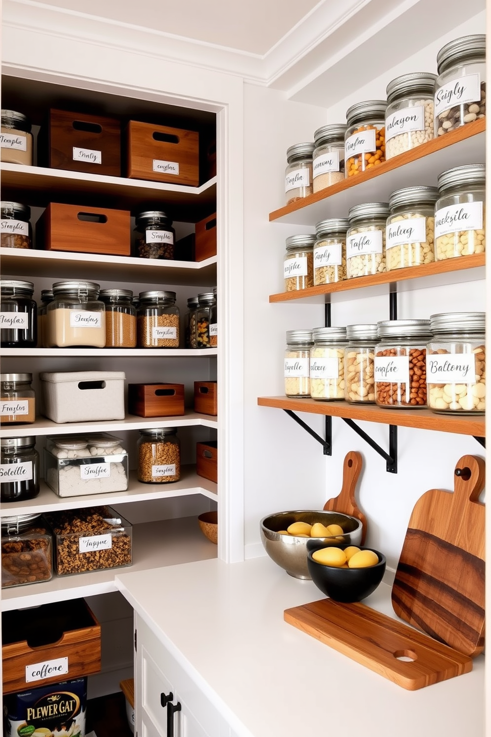 A modern food pantry featuring labeled containers for quick identification. The shelves are organized with clear glass jars and wooden bins, each labeled with elegant typography for easy access. The pantry walls are painted in a soft white hue, creating a bright and airy atmosphere. A small countertop area is included for meal prep, adorned with a stylish fruit bowl and a decorative cutting board.