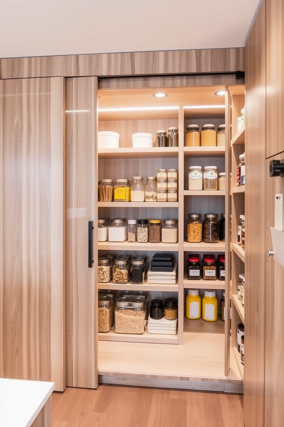 A spacious food pantry with built-in lighting that enhances visibility throughout the space. The shelves are made of natural wood and neatly organized with labeled containers for easy access to ingredients. The pantry features under-shelf LED lights that illuminate the contents and create a warm ambiance. A small countertop area is included for meal prep, with a stylish fruit bowl adding a pop of color.