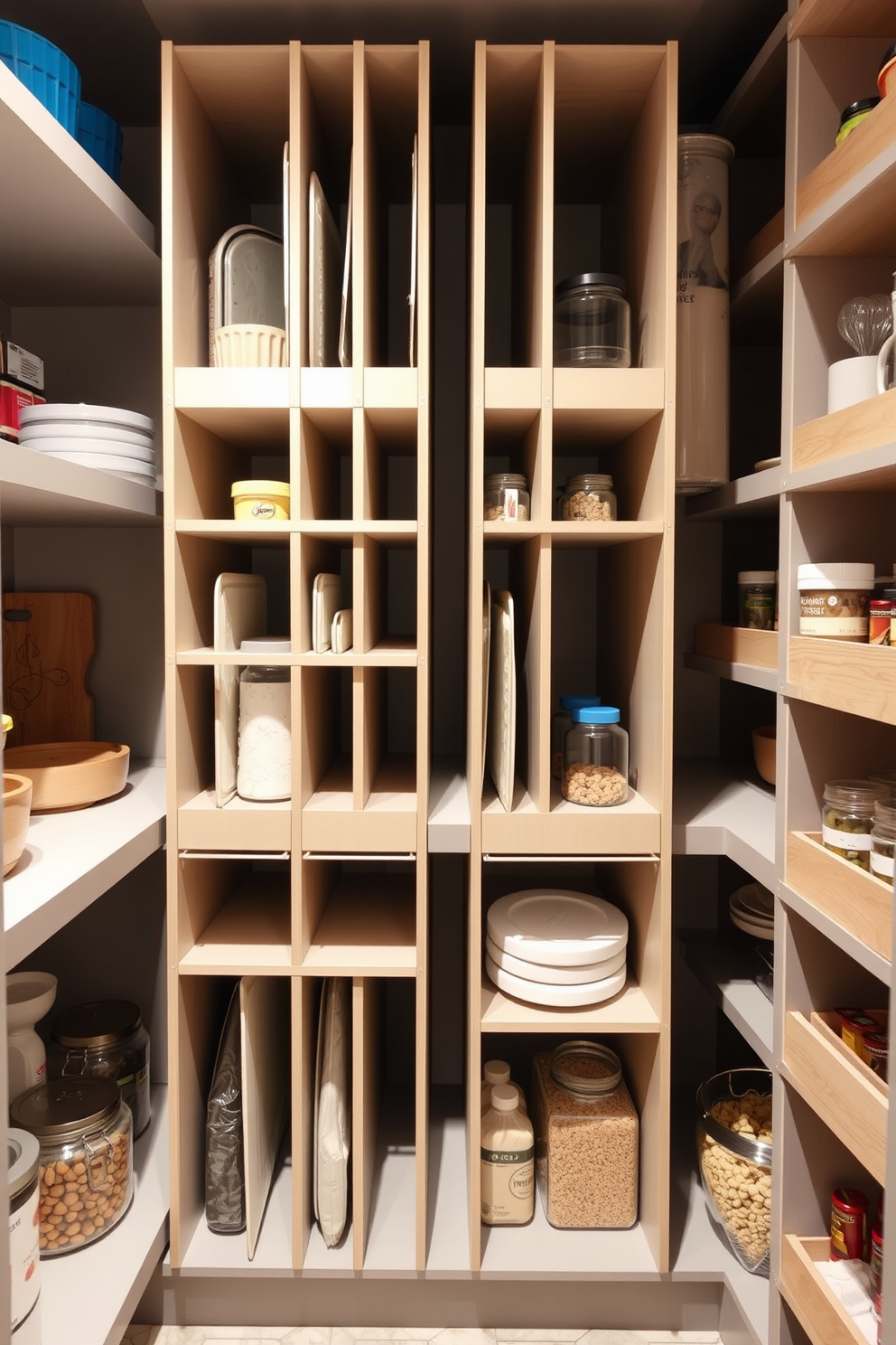 A modern food pantry featuring vertical dividers specifically designed for organizing baking sheets. The pantry is equipped with open shelving, allowing easy access to various baking supplies and ingredients.