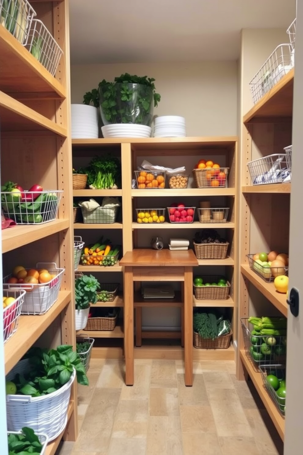 A cozy food pantry featuring wooden shelves lined with wire baskets filled with fresh produce. The walls are painted in a soft cream color, and a small wooden table is set up in the center for meal prep.