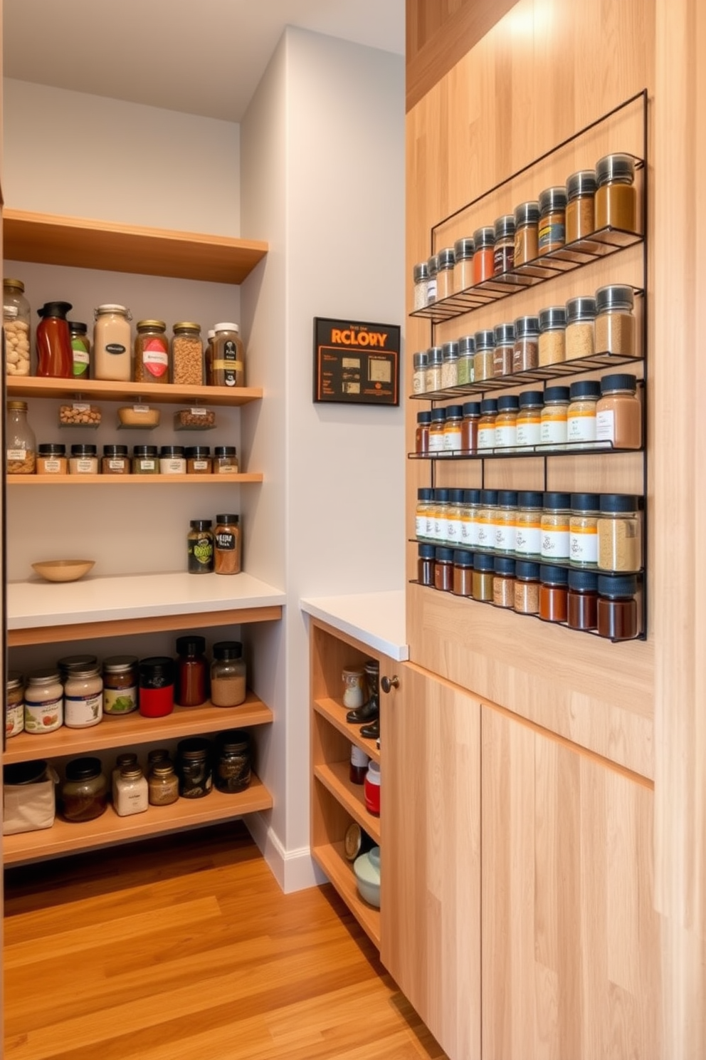 A modern food pantry design featuring magnetic spice racks mounted on the walls. The pantry includes open shelving for easy access to jars and containers, with a warm wood finish that complements the overall aesthetic.