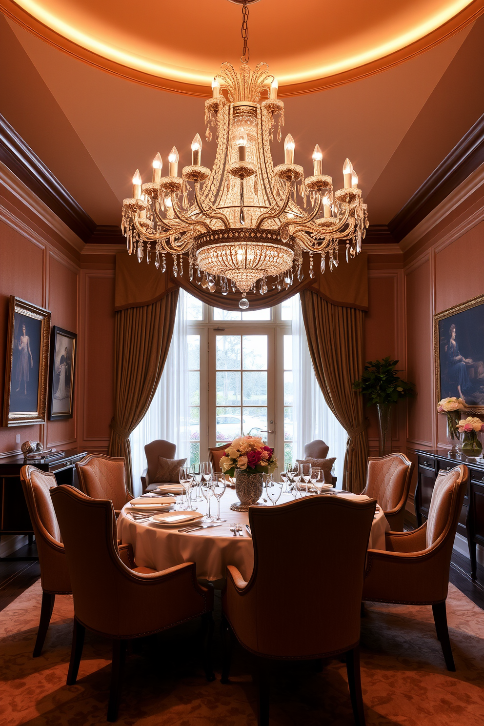 An elegant chandelier hangs gracefully from the ceiling, casting a warm glow over the room. The dining table is set with fine china and crystal glassware, surrounded by plush upholstered chairs. Richly textured wallpaper in a soft hue creates a sophisticated backdrop for the space. A large window draped with luxurious curtains allows natural light to filter in, enhancing the inviting atmosphere.