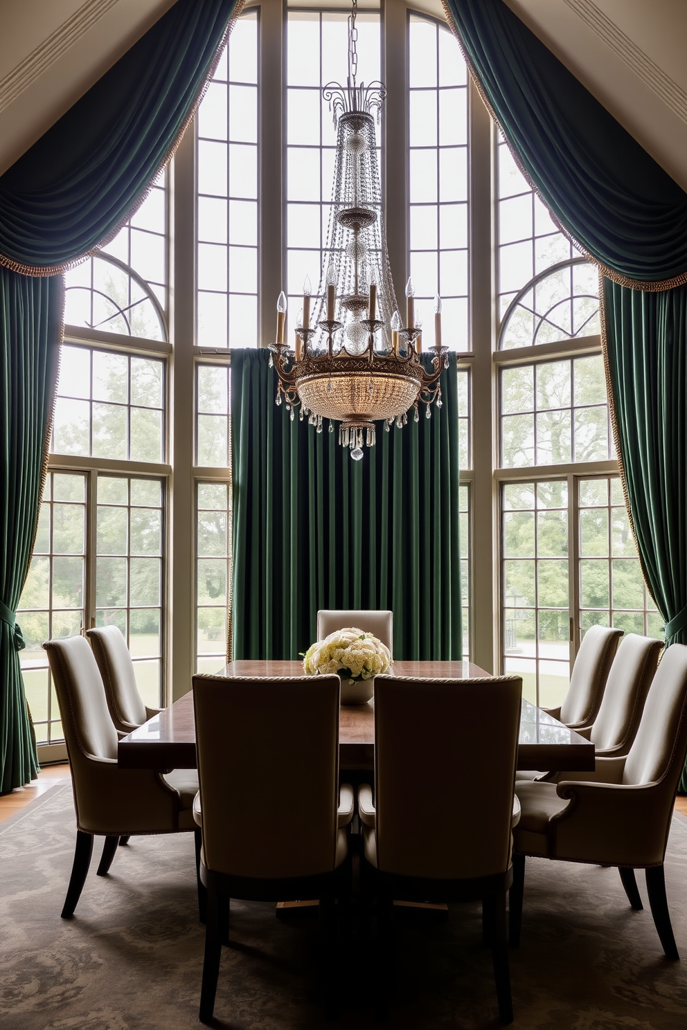 Luxurious velvet drapes frame large windows that allow natural light to cascade into the room. The drapes are in a deep emerald green, adding a touch of elegance to the space. A grand wooden dining table is centered in the room, surrounded by high-backed upholstered chairs in a complementary fabric. A stunning chandelier hangs above the table, casting a warm glow during evening gatherings.