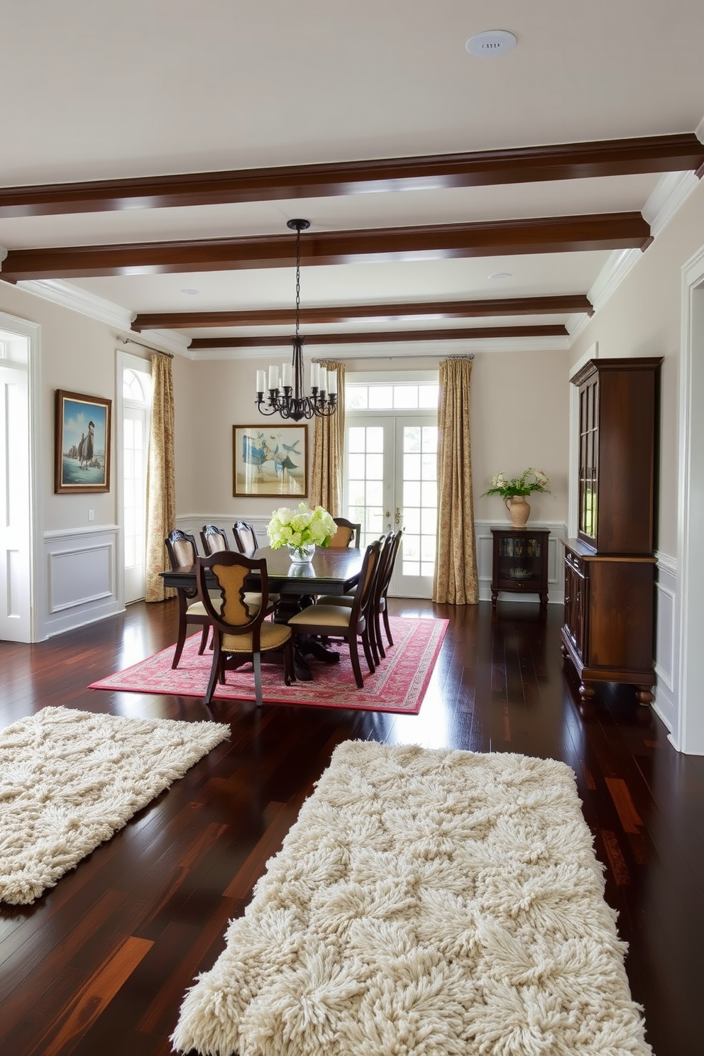 A formal dining room featuring dark wood floors that exude elegance and warmth. The space is adorned with plush area rugs that add texture and comfort underfoot.