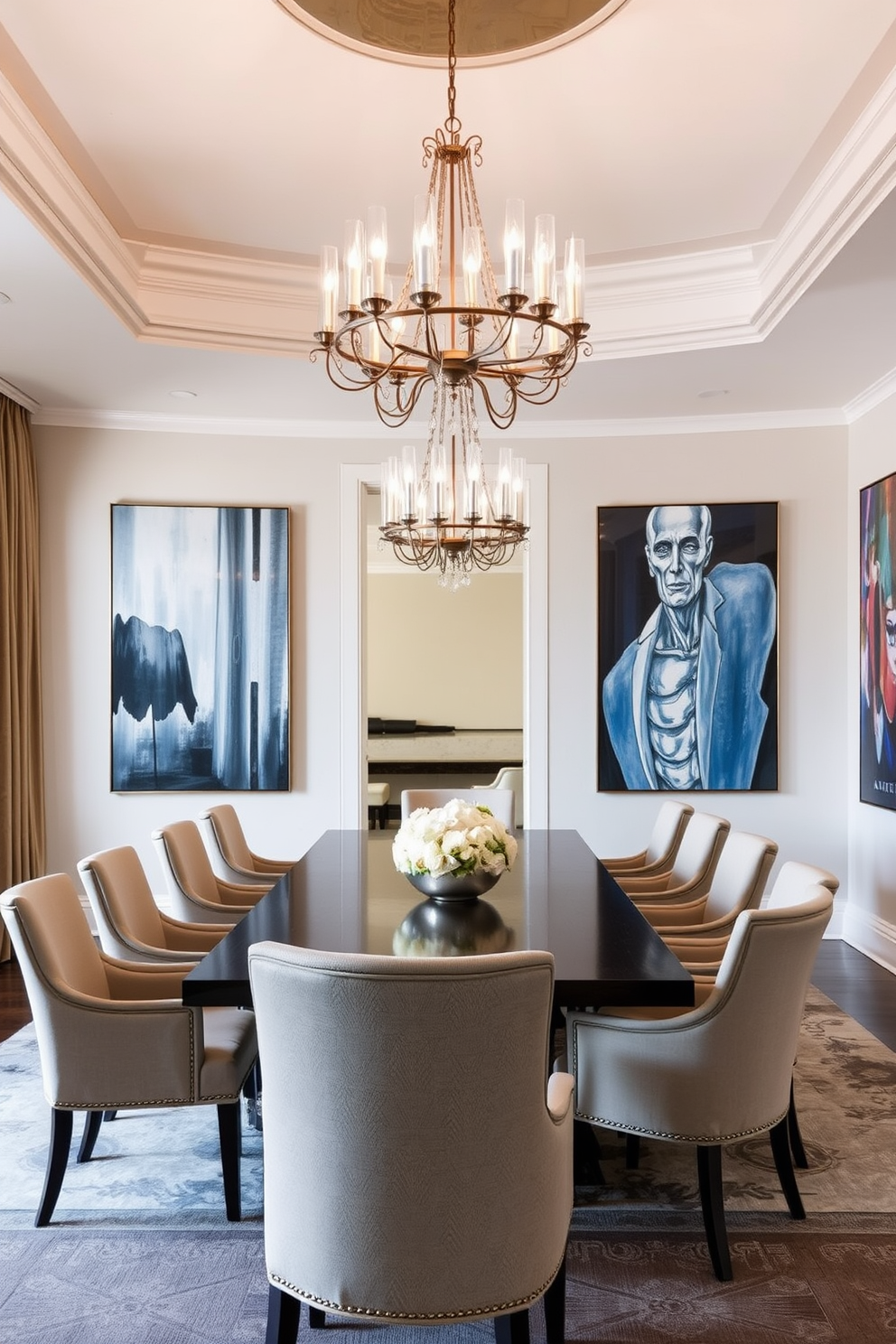 Contemporary art pieces adorn the walls of a formal dining room. The space features a long, elegant table surrounded by upholstered chairs, with a stunning chandelier hanging overhead.