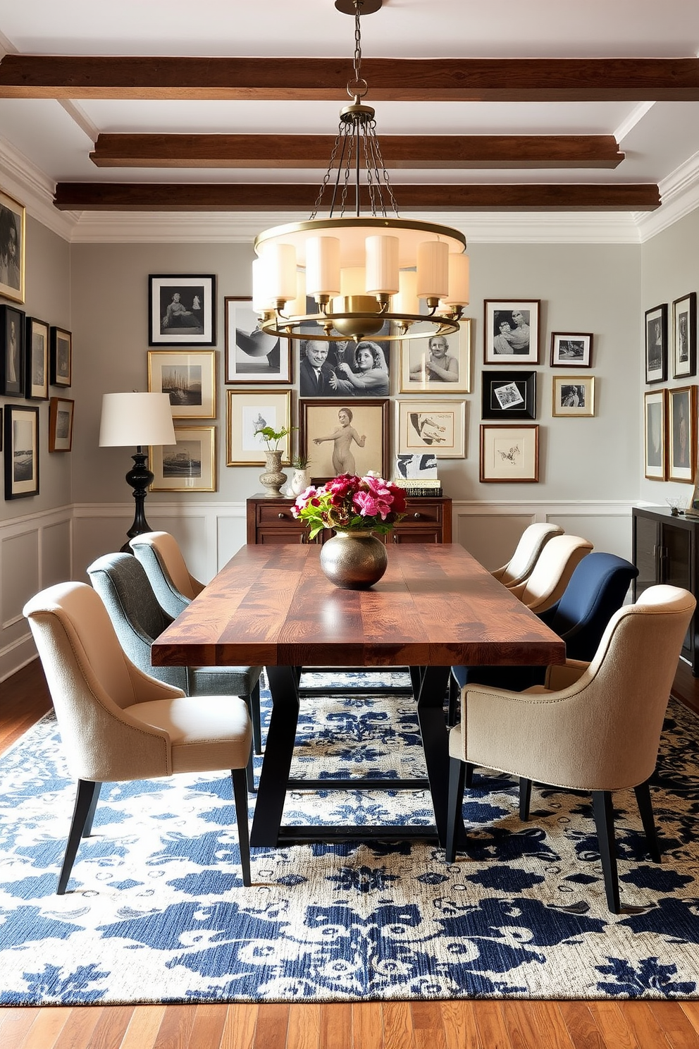 A formal dining room featuring a blend of mixed materials for an eclectic look. The table is made of reclaimed wood with metal legs, surrounded by upholstered chairs in various fabrics and colors. An oversized chandelier hangs above the table, casting a warm glow over the space. The walls are adorned with a gallery of framed artwork, complemented by a bold patterned area rug beneath the table.