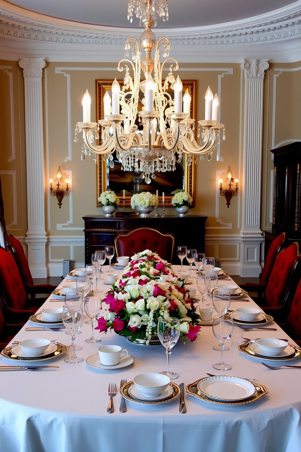 A formal dining room featuring an elegant table set with fine china. The table is adorned with a crisp white tablecloth, complemented by polished silverware and crystal glassware. Richly upholstered chairs surround the table, providing comfort and style. A stunning chandelier hangs overhead, casting a warm glow over the sophisticated setting.