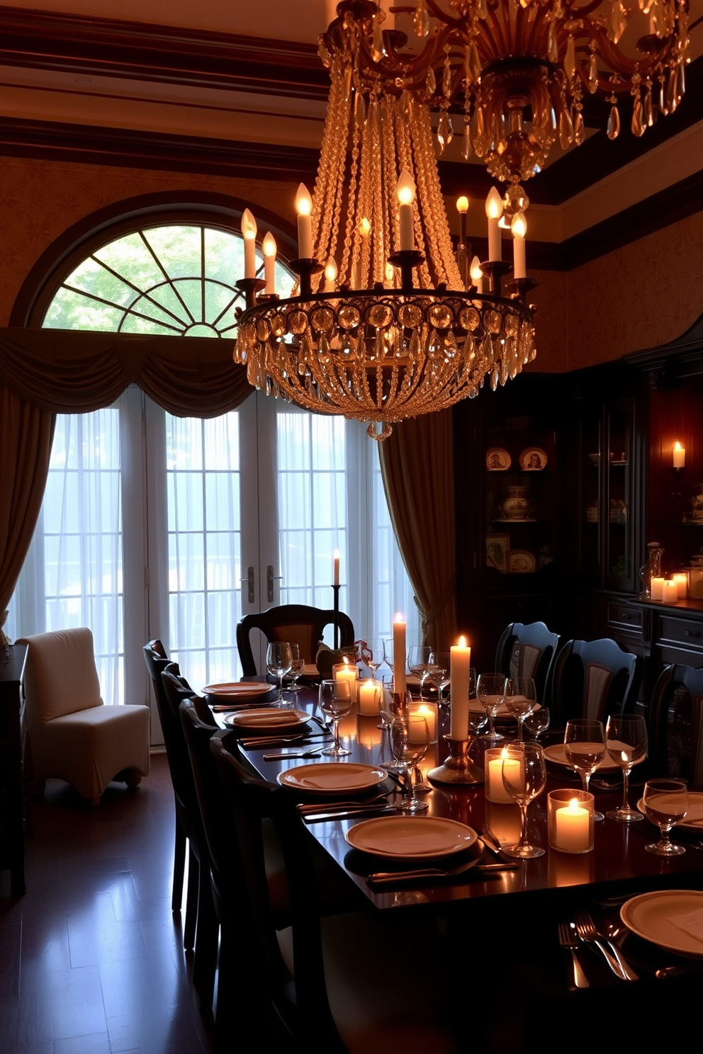 Candlelit ambiance for intimate dinners. The dining table is set with elegant dinnerware and soft, flickering candlelight creates a warm glow throughout the room. Rich, dark wood furniture complements the plush upholstered chairs. A large chandelier hangs above the table, adorned with crystals that catch the light beautifully.