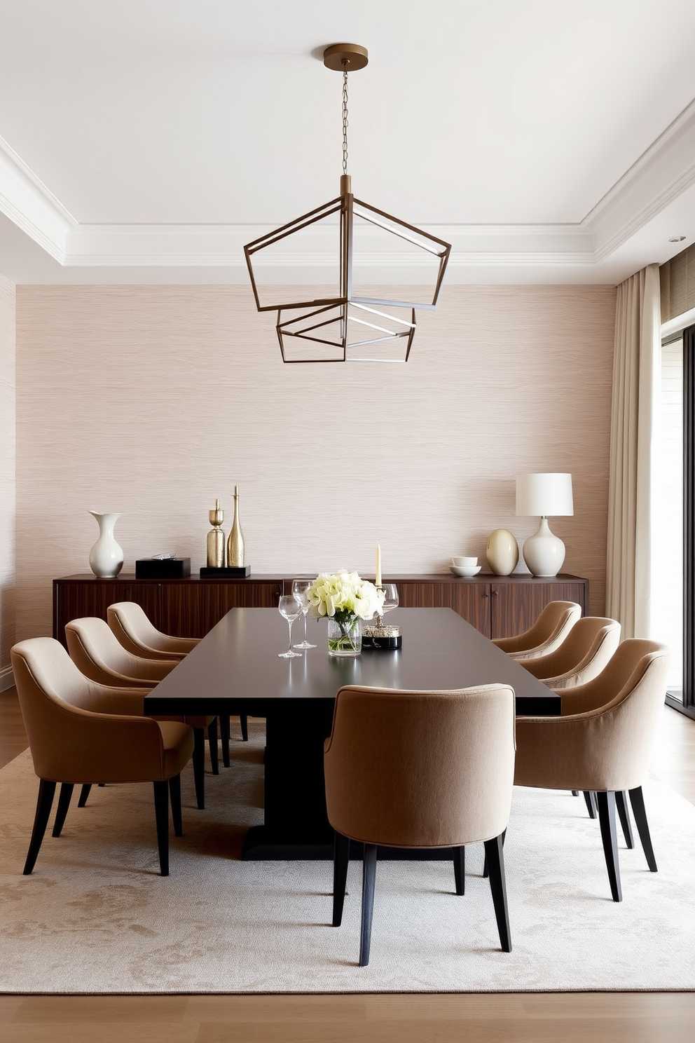 A formal dining room features a sleek rectangular table surrounded by upholstered chairs in a neutral tone. Above the table, geometric light fixtures with clean lines and a metallic finish create a striking focal point, enhancing the modern aesthetic. The walls are adorned with subtle textured wallpaper that complements the overall color scheme. A statement sideboard against one wall showcases elegant dinnerware and decorative accents, adding sophistication to the space.