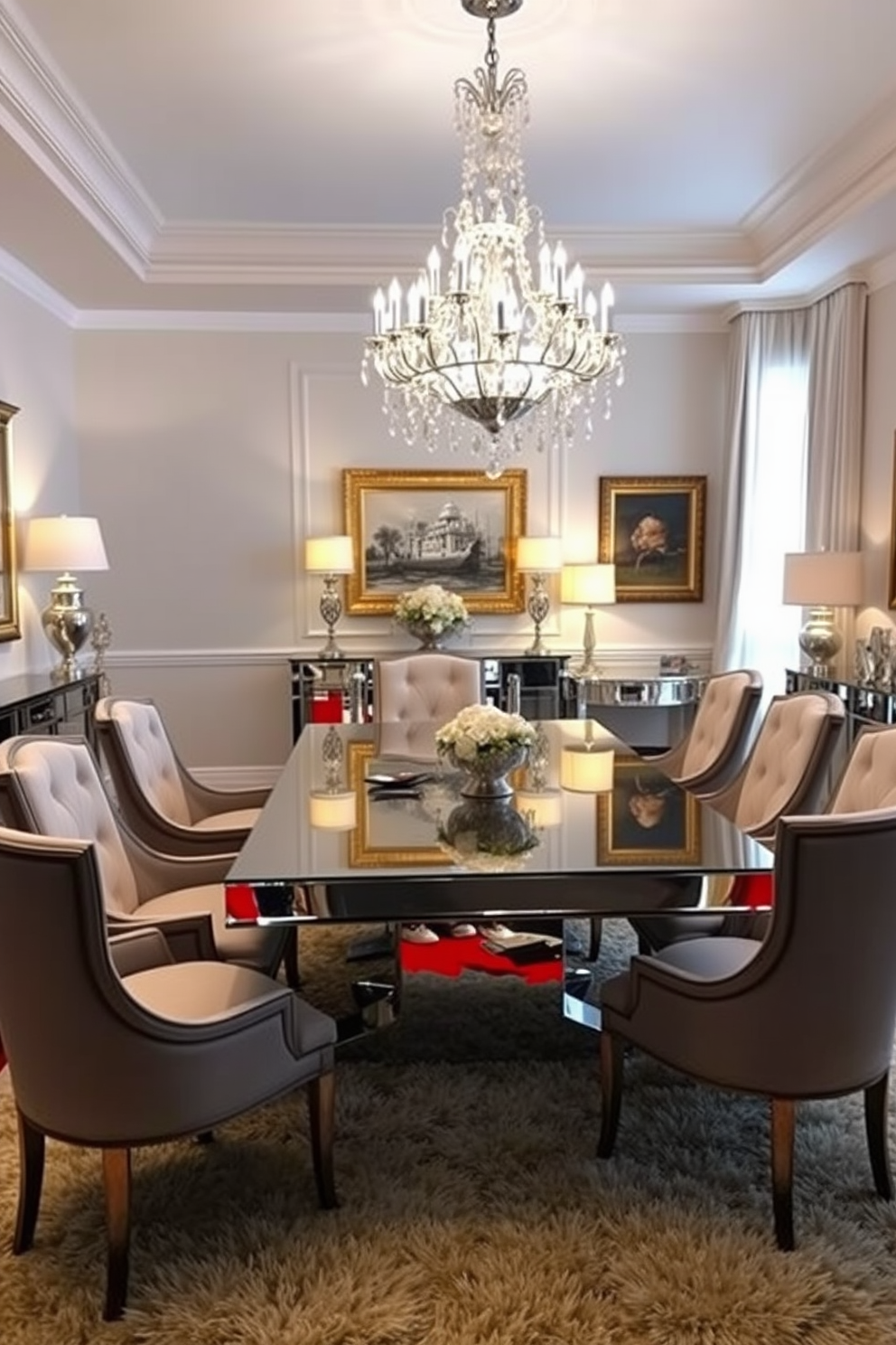 A formal dining room featuring mirrored furniture that reflects light beautifully. The centerpiece is a large rectangular table with a glossy mirrored finish surrounded by elegant upholstered chairs. Soft ambient lighting from a stunning chandelier enhances the sophisticated atmosphere. The walls are adorned with tasteful artwork, and a plush area rug anchors the space, adding warmth and texture.