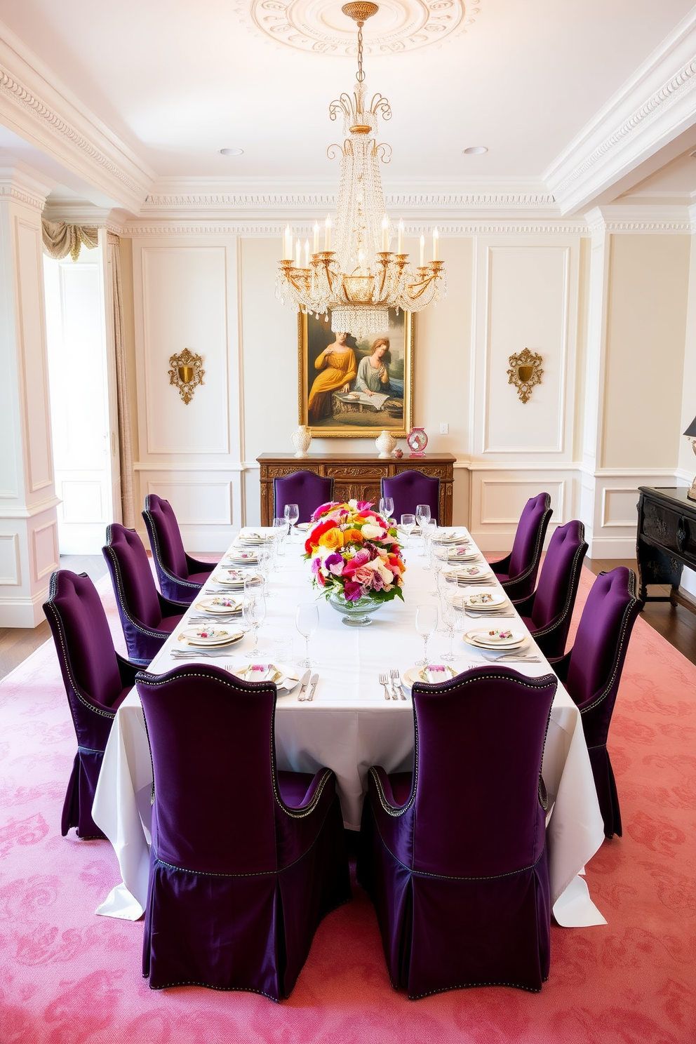 A formal dining room featuring a large rectangular table set for eight, adorned with a crisp white tablecloth and elegant china. Colorful accents are introduced through vibrant floral arrangements in the center, complemented by plush upholstered chairs in a rich jewel tone. The walls are painted in a soft neutral shade, creating a warm and inviting atmosphere. A stunning chandelier hangs above, casting a soft glow over the space and highlighting the intricate details of the room.