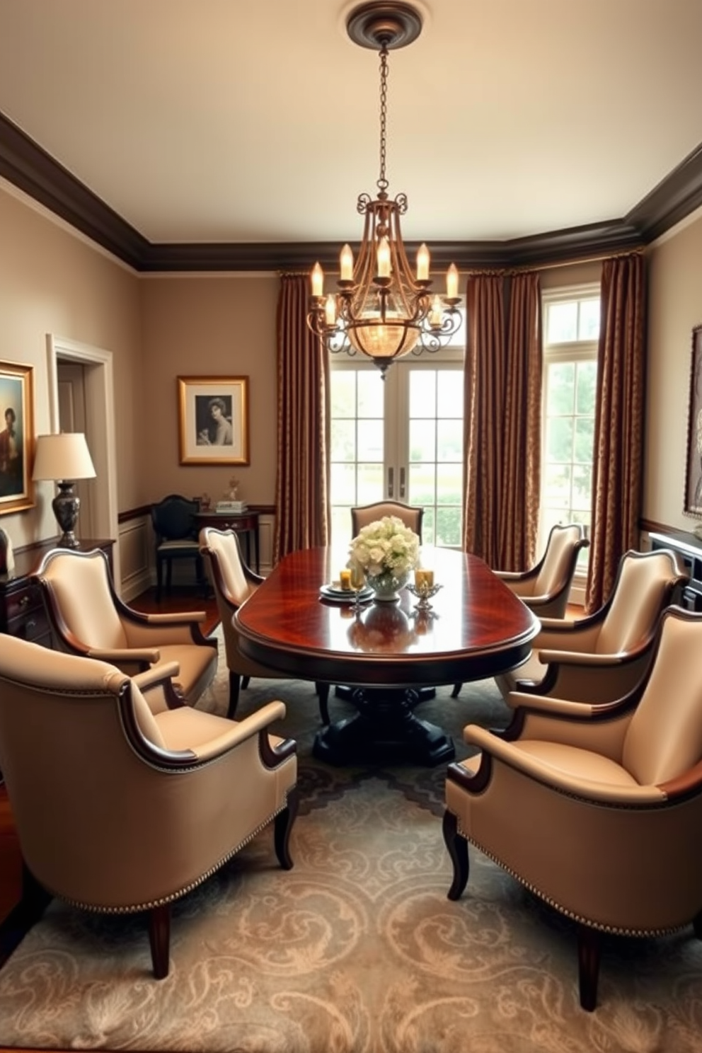 A rich mahogany dining table is surrounded by elegant upholstered chairs, creating a warm and inviting atmosphere. The room features soft lighting from a classic chandelier above, enhancing the luxurious feel of the space. The walls are adorned with tasteful artwork, and a plush area rug anchors the seating arrangement. Large windows allow natural light to flood the room, complemented by elegant drapes that frame the view.