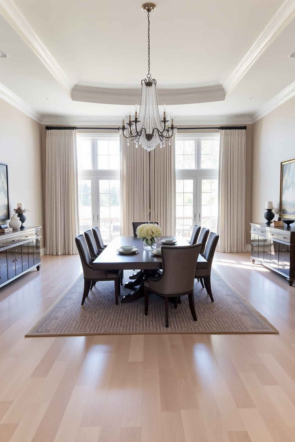 A formal dining room with an open floor plan that enhances the spacious feel of the space. The room features a large wooden dining table surrounded by elegant upholstered chairs, with a stunning chandelier hanging above. Large windows allow natural light to flood the room, complemented by soft drapes that add a touch of sophistication. A stylish sideboard against one wall showcases decorative tableware and a few carefully chosen art pieces.