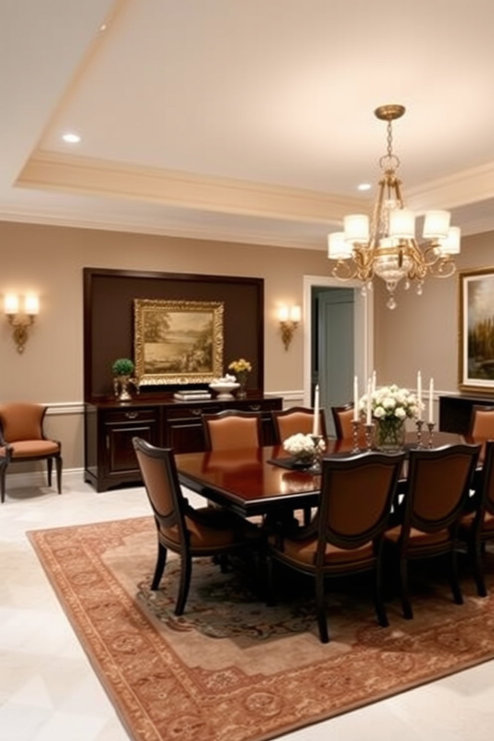 Layered lighting creates a versatile atmosphere in a formal dining room. Elegant chandeliers hang above the table, complemented by wall sconces and recessed lighting for adjustable brightness. The dining table is an exquisite dark wood piece surrounded by upholstered chairs in rich fabric. A large area rug anchors the space, and tasteful artwork adorns the walls, enhancing the sophisticated ambiance.