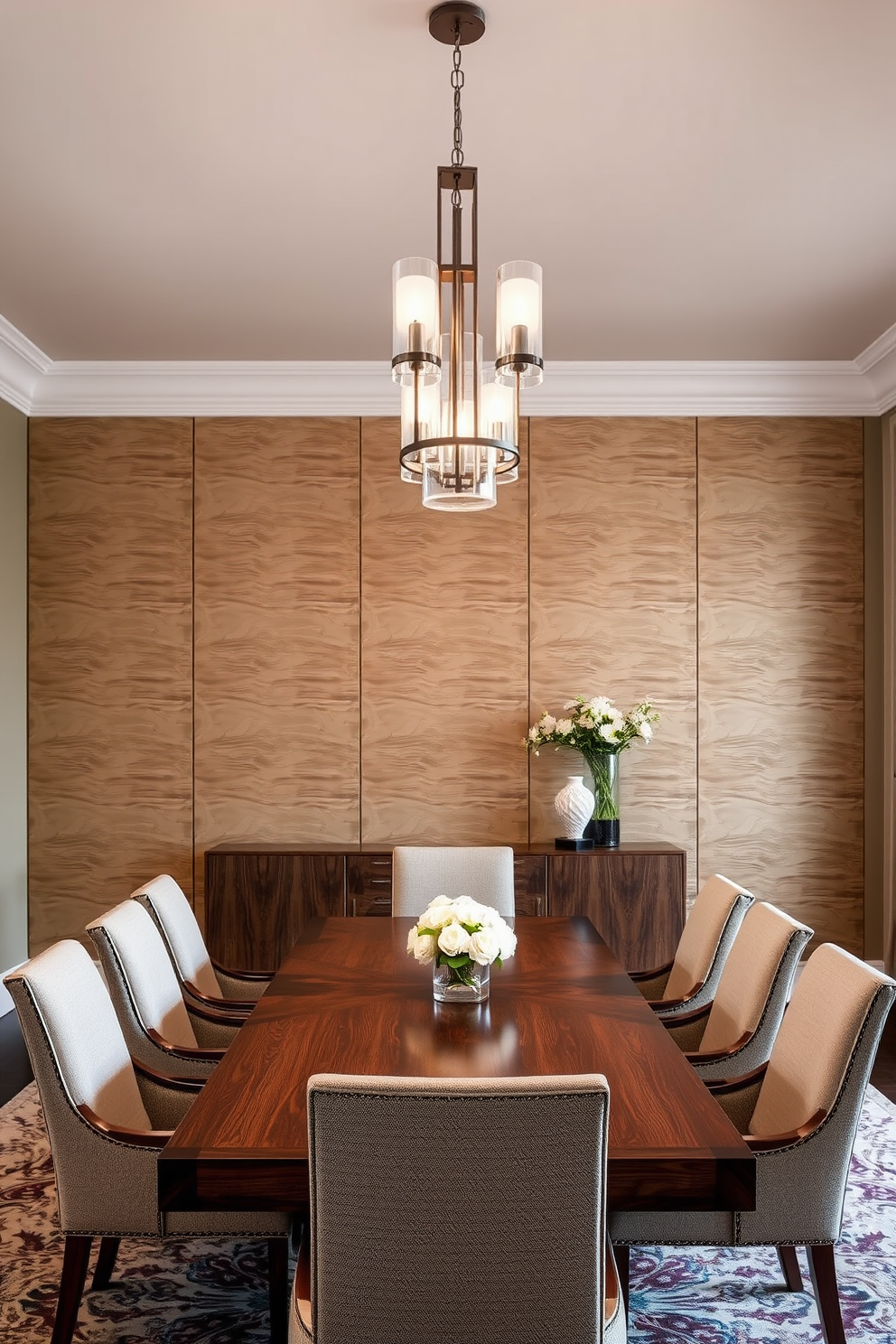 An elegant formal dining room features an intricate ceiling design with detailed moldings and a stunning chandelier that serves as a focal point. The walls are adorned with rich, textured wallpaper in deep hues, complemented by a long wooden dining table set with fine china and crystal glassware.