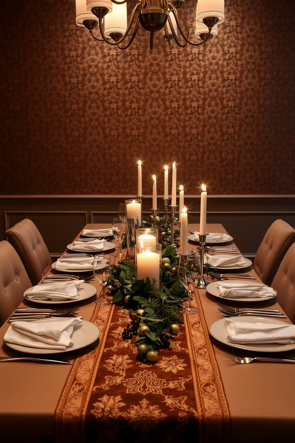 Elegant table runner with seasonal decor. The table is set with fine china and polished silverware, complemented by flickering candlelight for a warm ambiance. The backdrop features a rich, textured wallpaper in deep hues, enhancing the overall sophistication of the space. Surrounding the table are upholstered chairs that invite guests to linger and enjoy the meal.