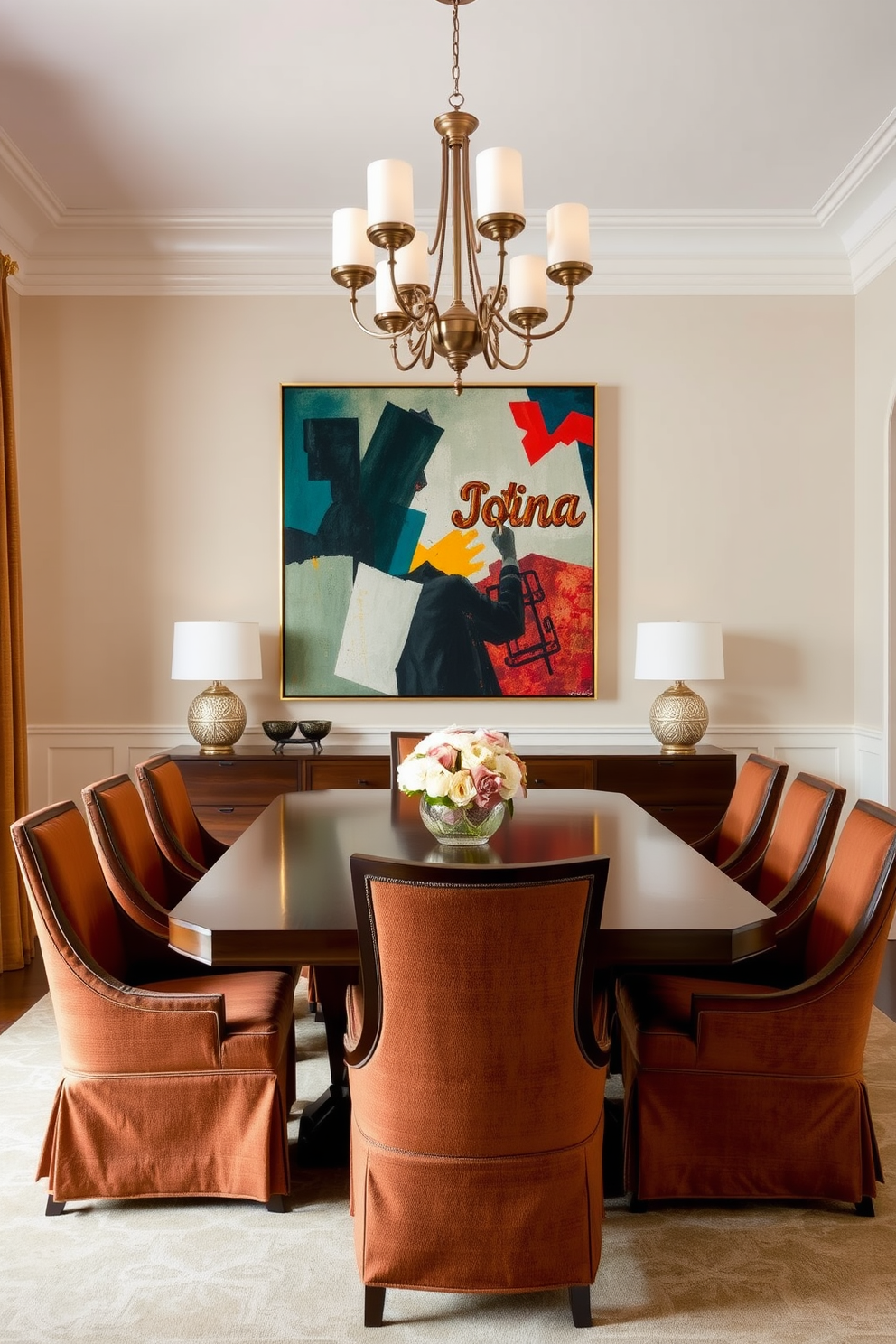 A formal dining room featuring antique accents that evoke a vintage feel. The long wooden table is surrounded by intricately carved chairs, each upholstered in rich velvet fabric. An ornate chandelier hangs from the ceiling, casting a warm glow over the space. The walls are adorned with vintage wallpaper, and a large antique sideboard displays fine china and decorative pieces.