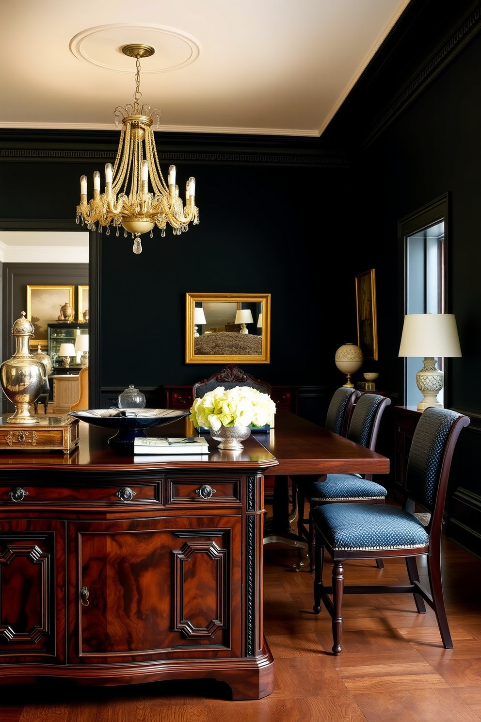 A formal dining room featuring open shelving elegantly displays an array of decor items. The shelves are crafted from dark wood, contrasting beautifully with the light-colored walls and providing a sophisticated backdrop for curated pieces. A large wooden dining table sits at the center, surrounded by upholstered chairs that invite comfort and style. A statement chandelier hangs above, casting a warm glow over the space, while a plush area rug anchors the room.