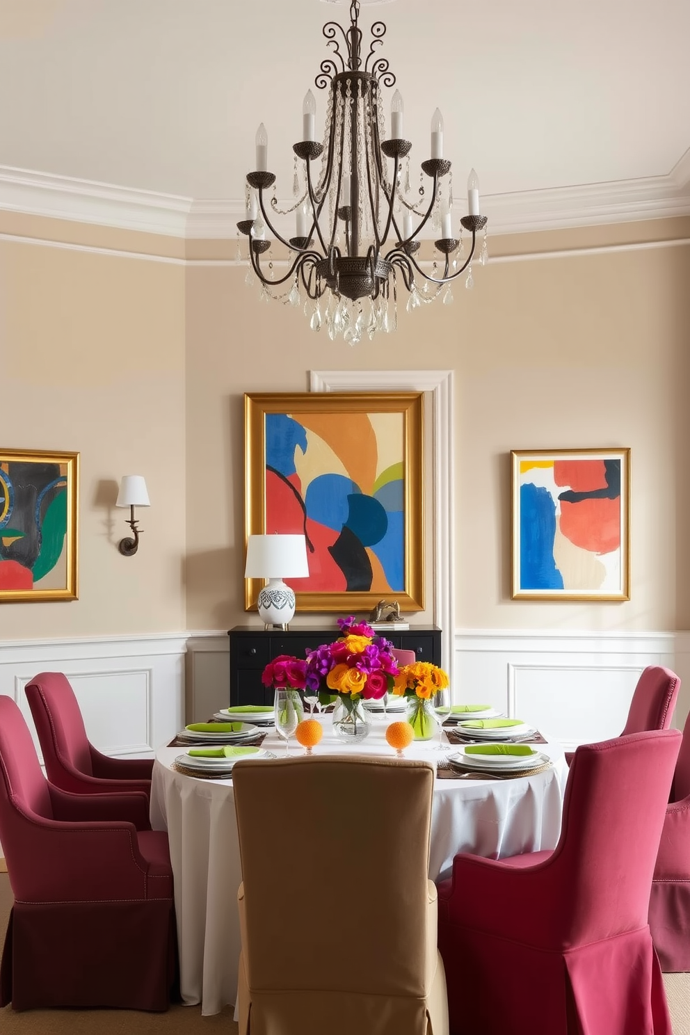 A formal dining room featuring a neutral palette with pops of color. The dining table is elegantly set with a white tablecloth and vibrant centerpieces, surrounded by upholstered chairs in rich hues. The walls are painted in a soft beige, while artwork with bold colors adorns the space. A statement chandelier hangs above the table, adding a touch of sophistication to the ambiance.