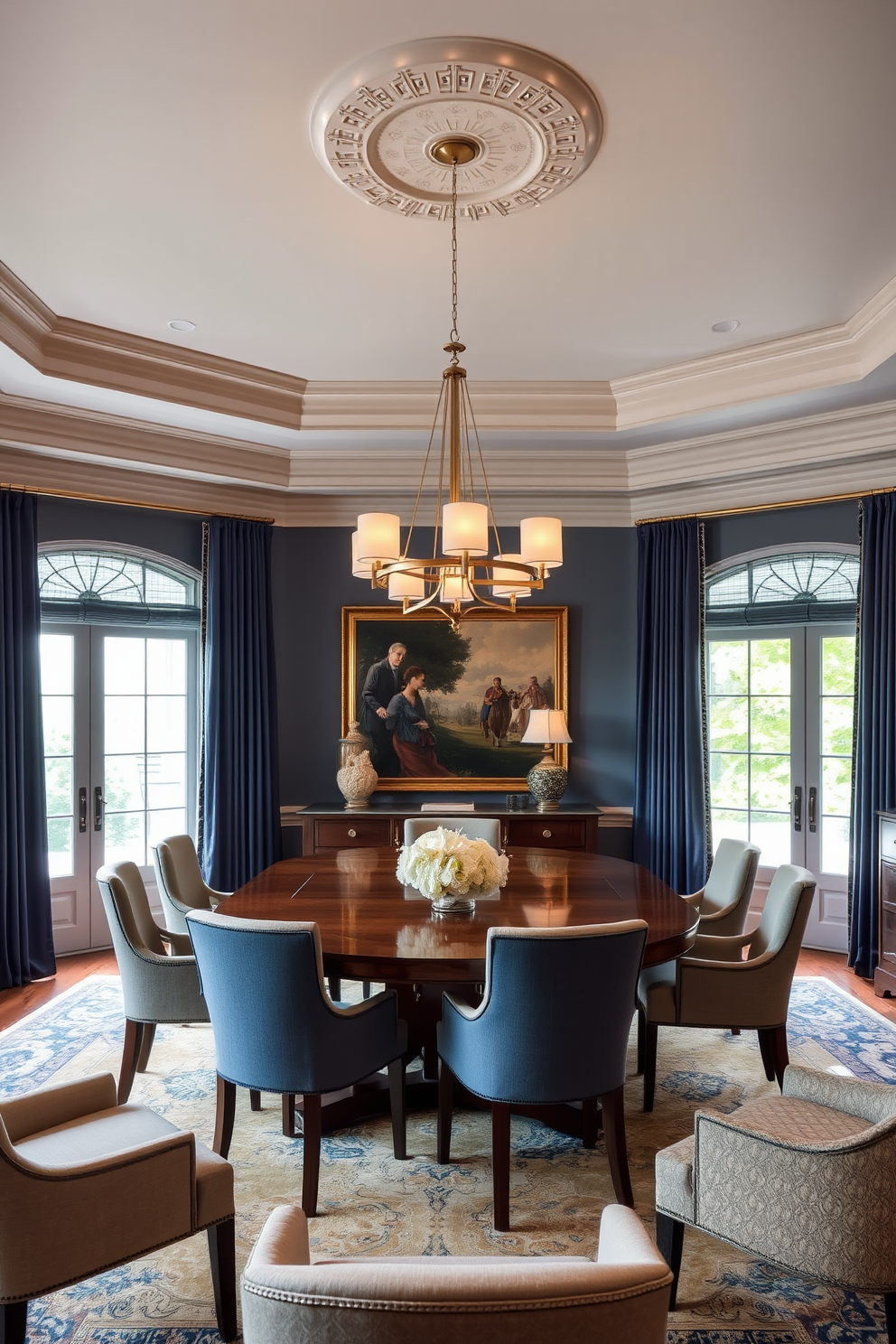 A formal dining room features a large wooden dining table surrounded by upholstered chairs. Above the table, stylish pendant lights hang gracefully, casting a warm glow over the elegant setting. The walls are adorned with tasteful artwork, and a statement chandelier adds a touch of luxury. Rich curtains frame the windows, complementing the sophisticated color palette of deep blues and golds.