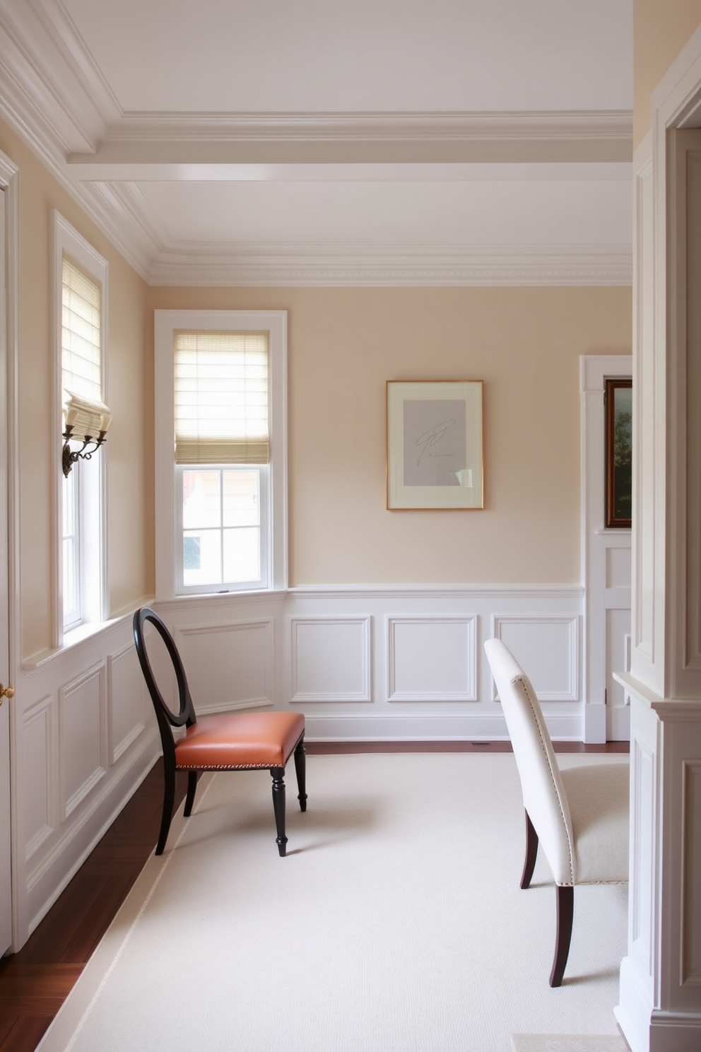 A classic formal dining room features elegant white wainscoting that adds a touch of sophistication to the space. The room is adorned with crown molding that enhances the ceiling height and creates a refined atmosphere.