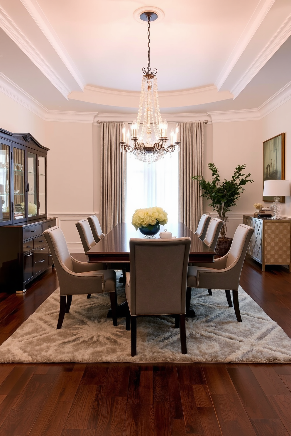 Sophisticated area rugs to define space. A plush area rug in a neutral tone anchors the dining table, creating a warm and inviting atmosphere. Formal dining room design ideas. The room features an elegant wooden dining table surrounded by upholstered chairs, with a statement chandelier hanging above to enhance the ambiance.