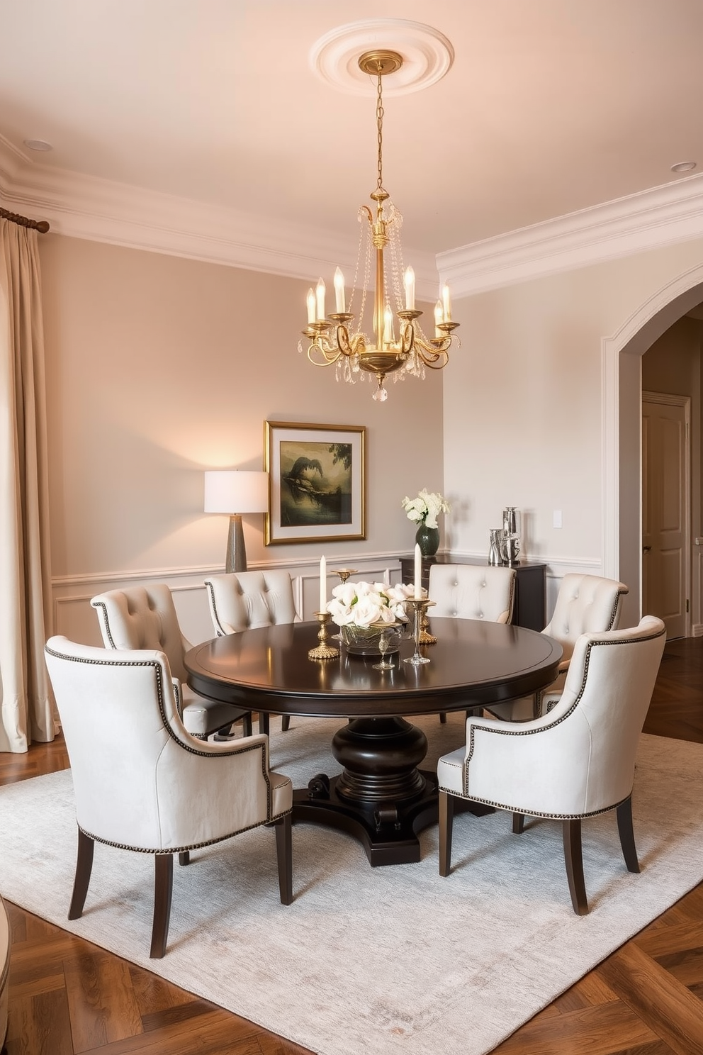 A formal dining room with soft neutral tones creating a serene atmosphere. The elegant dining table is surrounded by plush upholstered chairs featuring gold accents. A stunning chandelier hangs above the table, casting a warm glow over the space. The walls are adorned with tasteful artwork, enhancing the sophisticated ambiance of the room.