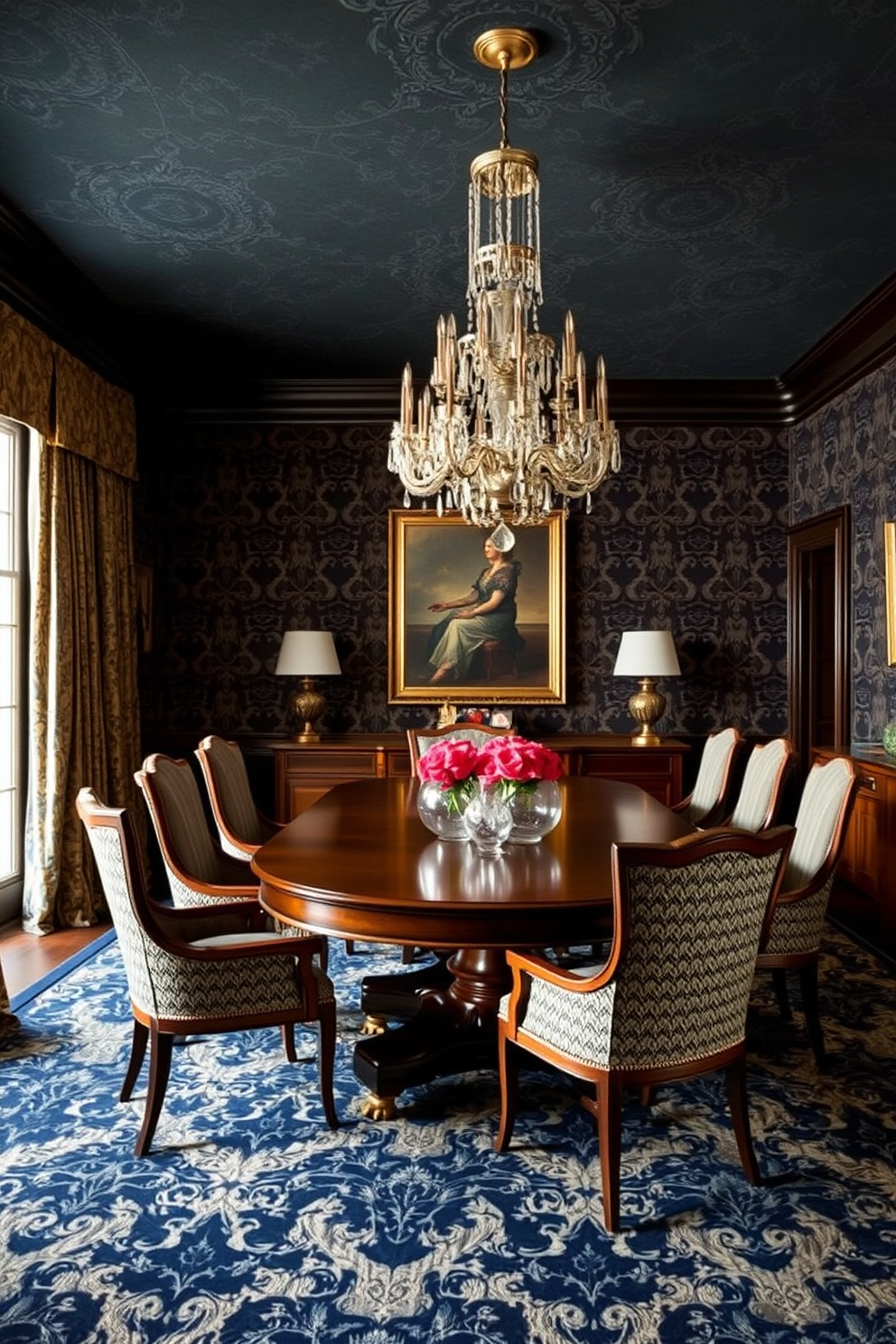 A formal dining room featuring bold wallpaper with intricate patterns that create a striking visual impact. The room is anchored by a large wooden dining table surrounded by elegantly upholstered chairs, complemented by a stunning chandelier overhead.