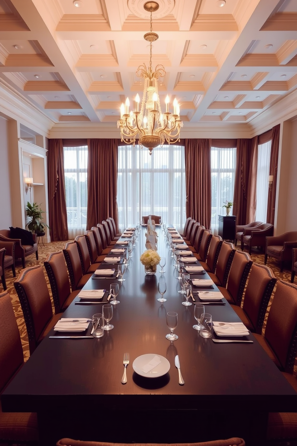 A long banquet table made of dark wood is elegantly set for a large gathering. Surrounding the table are plush upholstered chairs in a rich fabric, creating a warm and inviting atmosphere. The room features a grand chandelier hanging from a coffered ceiling, casting a soft glow over the table. Large windows dressed in flowing drapes allow natural light to fill the space, enhancing the sophisticated decor.