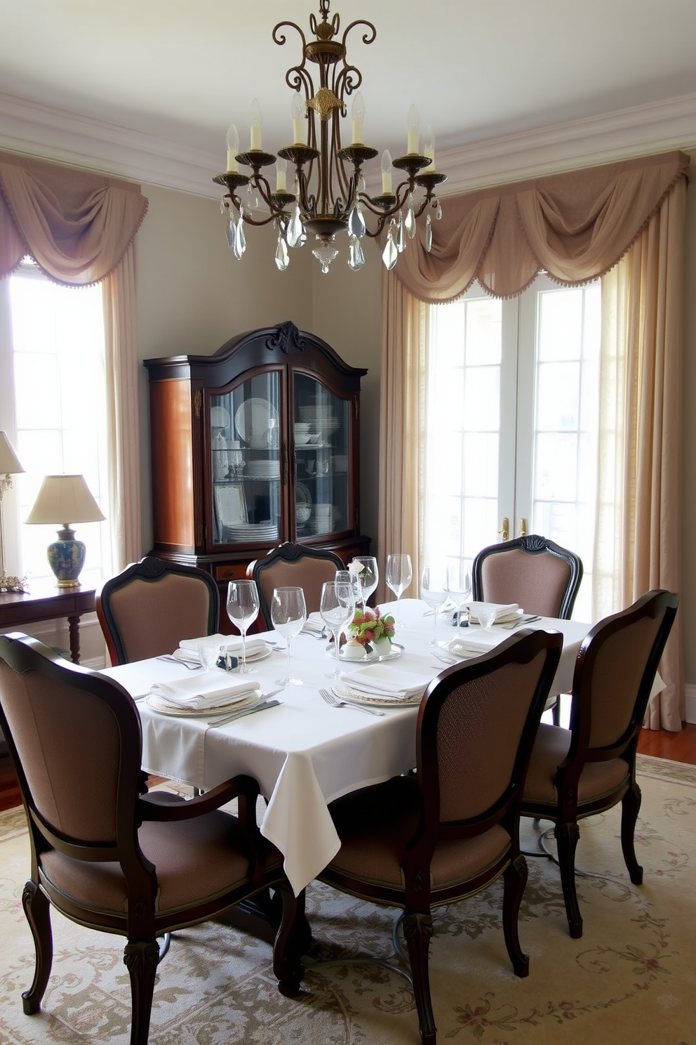 A vintage china cabinet stands elegantly in the corner of a formal dining room. The cabinet is filled with delicate porcelain dishes and crystal glassware, showcasing the owner's exquisite collection. The dining table is set with fine linens and polished silverware, surrounded by upholstered chairs that invite guests to sit comfortably. Soft lighting from a chandelier above creates a warm and inviting atmosphere for gatherings.