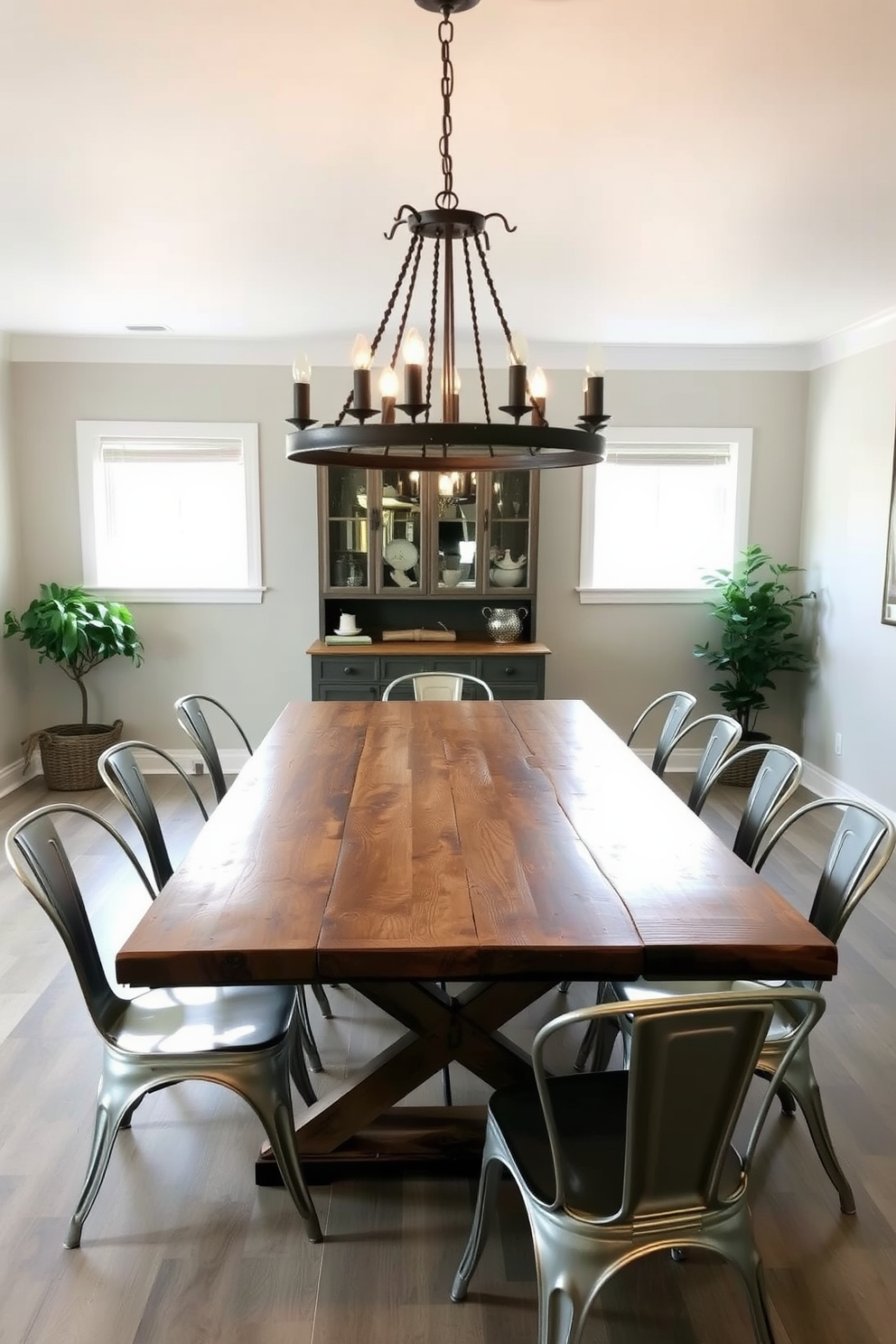 A rustic farmhouse table made of reclaimed wood sits at the center of the room surrounded by sleek metal chairs. The walls are adorned with soft, neutral tones and a large vintage chandelier hangs above, casting a warm glow over the inviting space.