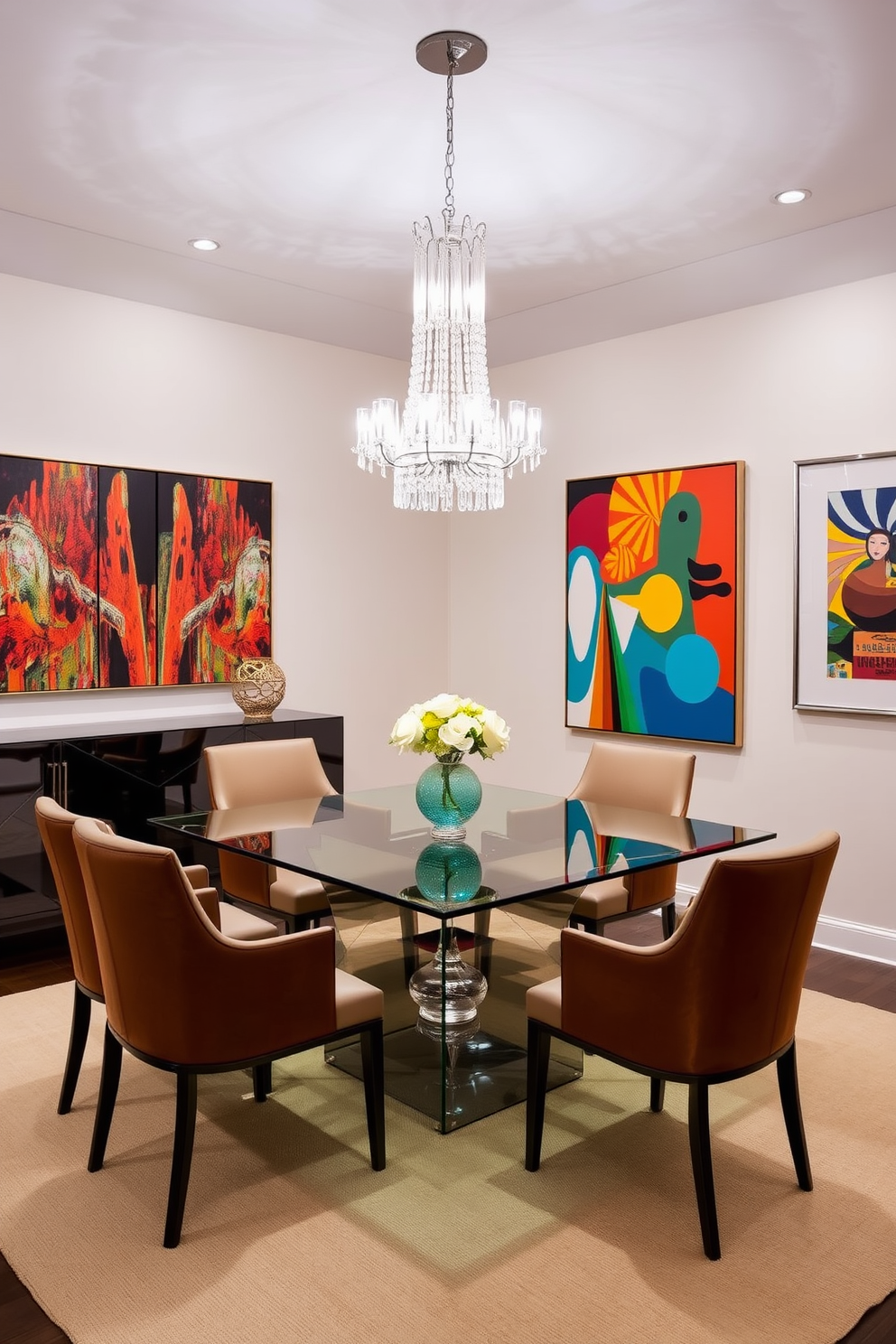 A sleek glass dining table is surrounded by elegant upholstered chairs in a neutral tone. Above the table, a stunning chandelier adds a touch of glamour, while vibrant modern art pieces adorn the walls, creating a sophisticated atmosphere.