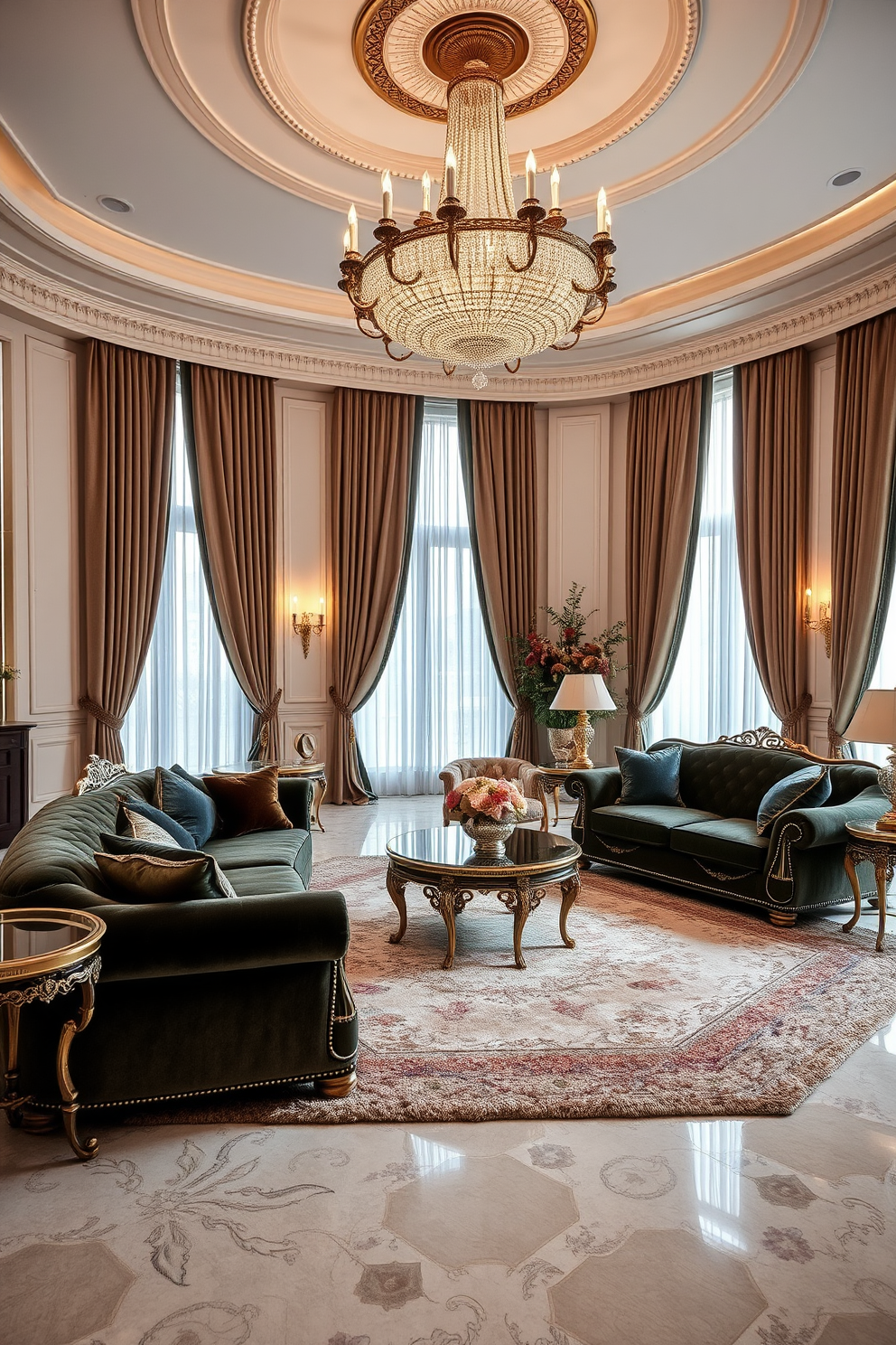 Elegant chandelier as a focal point. The living room features plush sofas arranged around a sleek coffee table with decorative accents. Rich, textured drapes frame large windows that allow natural light to flood the space. A warm color palette of deep blues and soft golds enhances the room's sophistication.