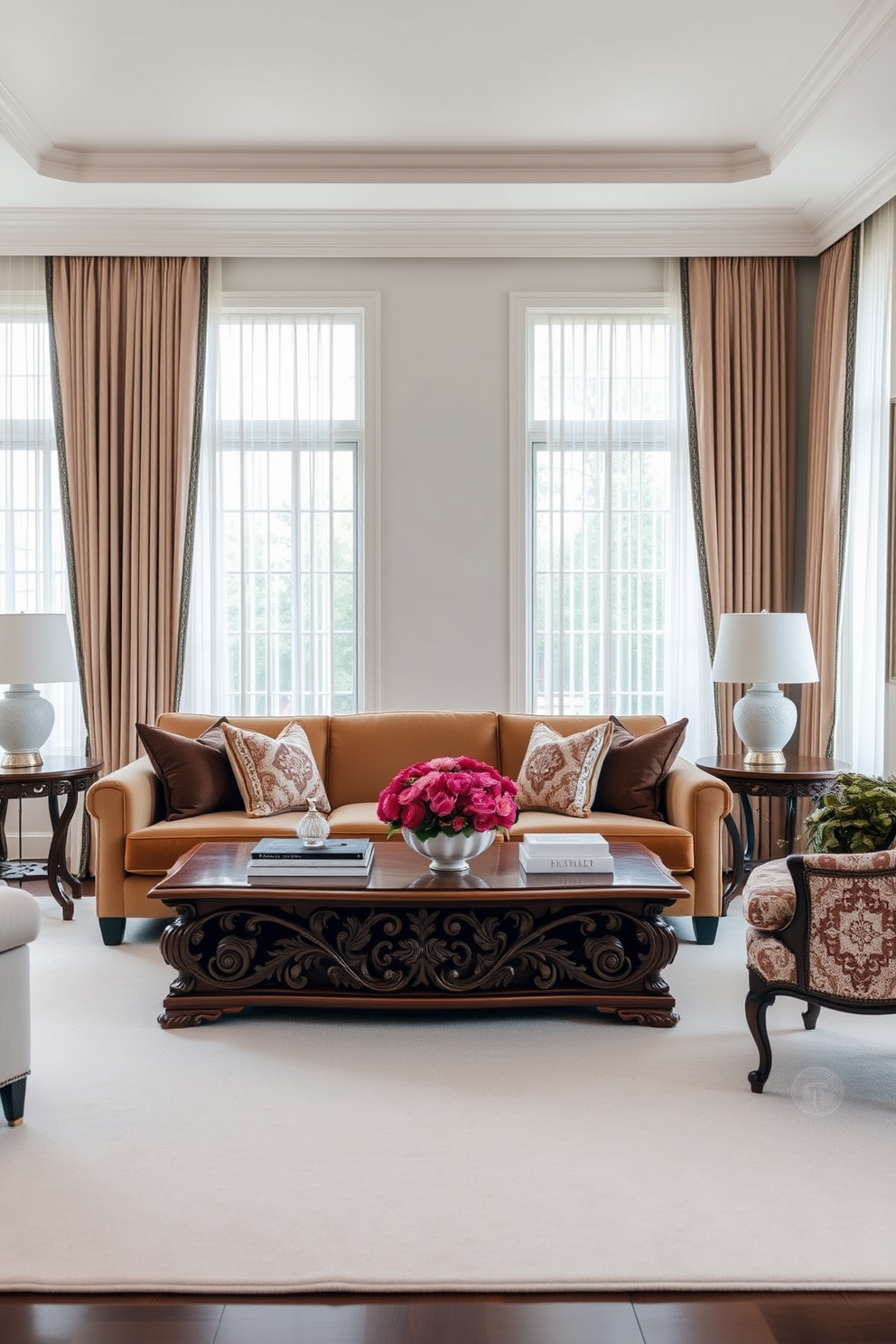 A formal living room featuring a harmonious blend of modern and traditional furniture styles. The space includes a plush velvet sofa with clean lines paired with an ornate wooden coffee table that showcases intricate carvings. Richly textured throw pillows adorn the sofa, while a classic armchair with elegant upholstery complements the ensemble. Large windows dressed in sheer drapes allow natural light to flood the room, enhancing the sophisticated ambiance.